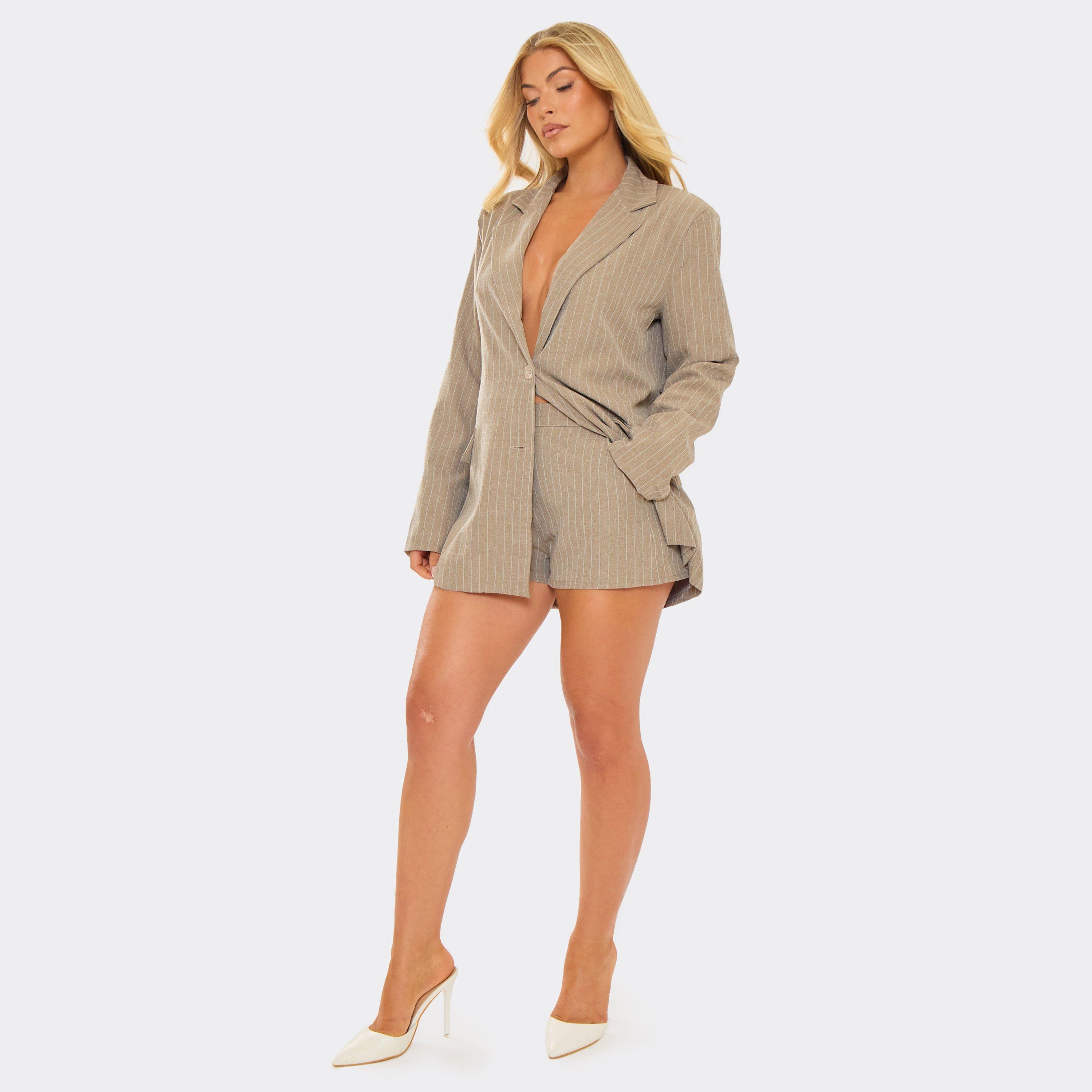 Mid Rise Tailored Mini Shorts In Taupe Pinstripe, Women’s