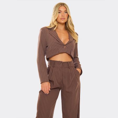 Long Sleeve Cropped Blazer In Brown Pinstripe, Women's Size US
