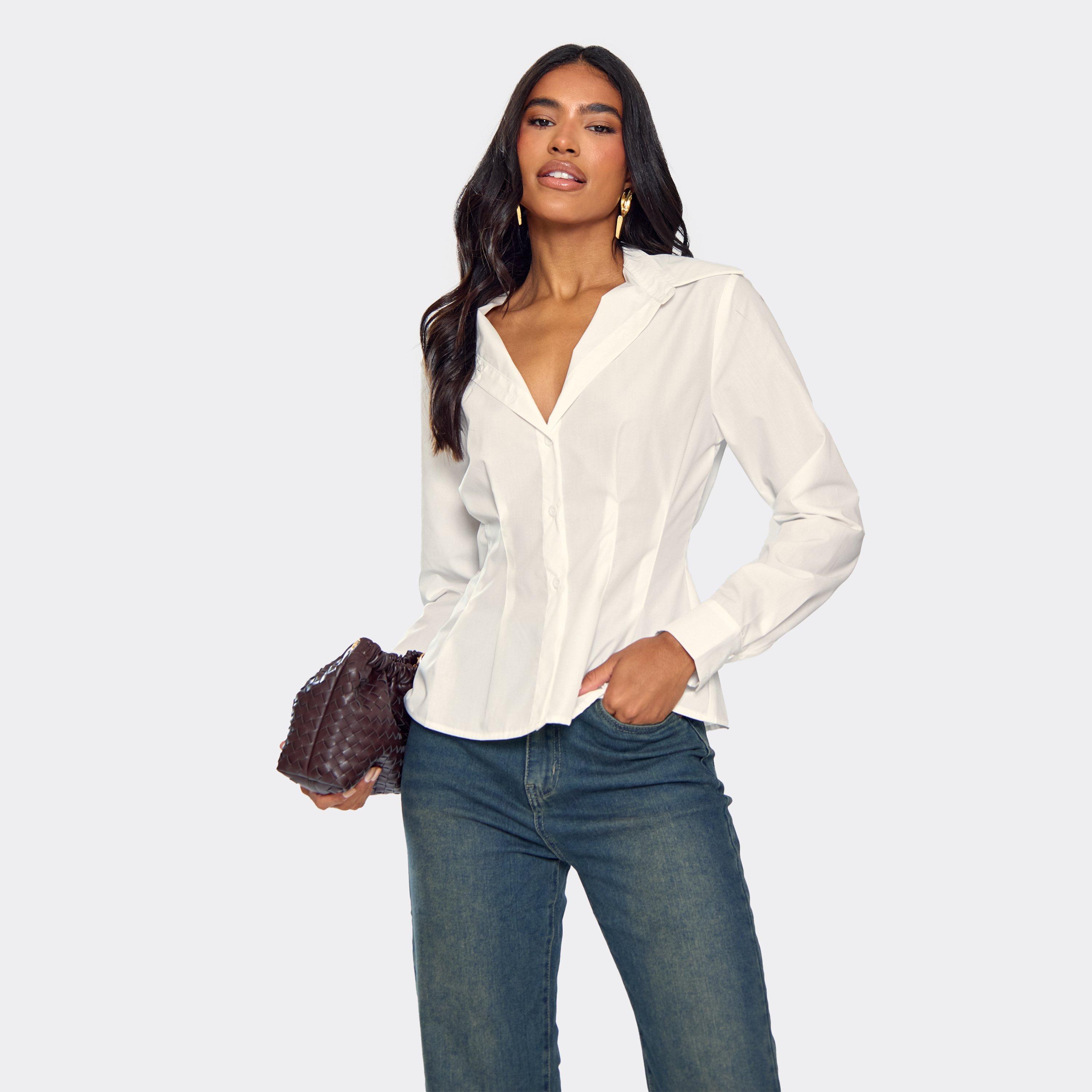 Image of Long Sleeve Cinched Waist Pleated Detail Shirt In White, Women's
