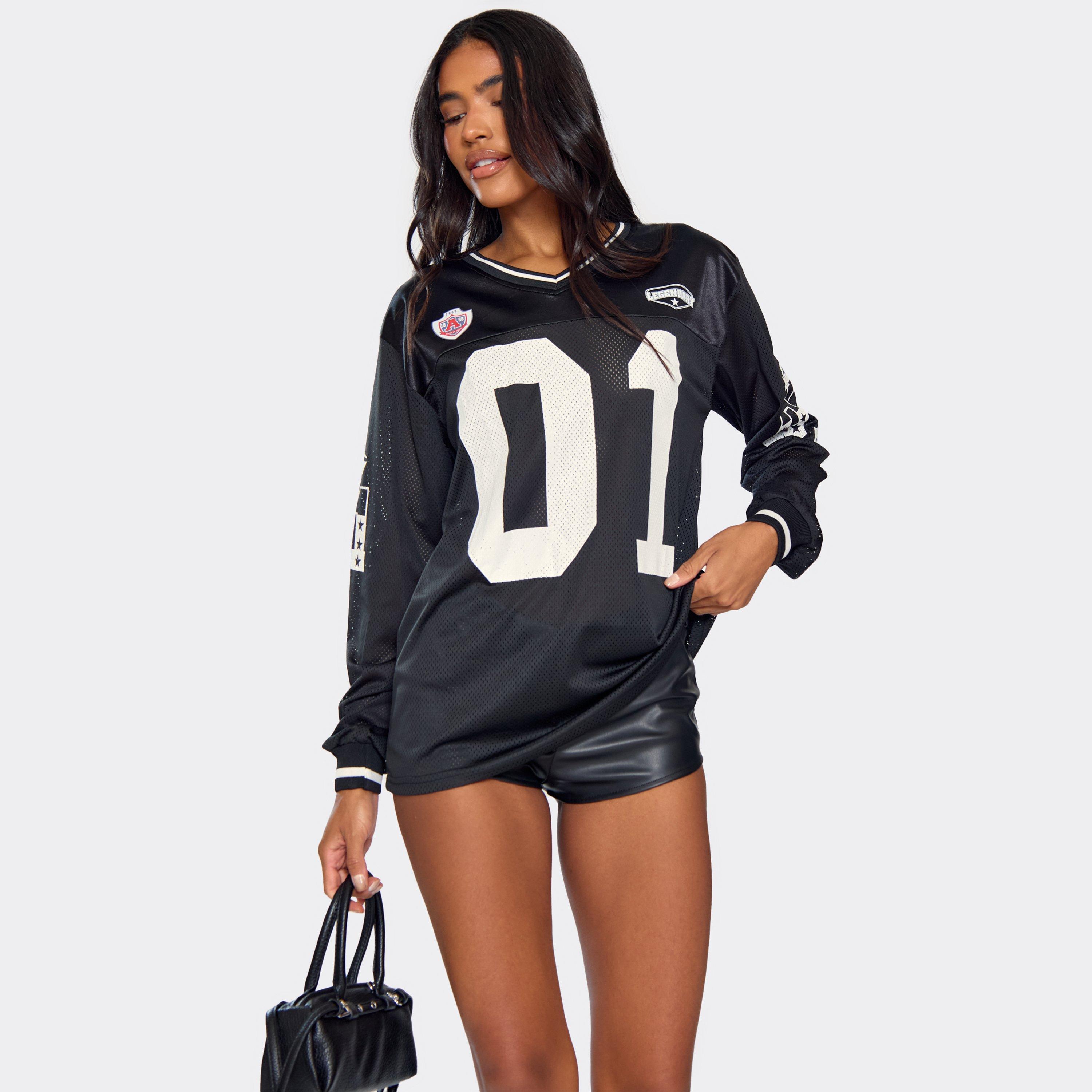 Image of Long Sleeve Varsity Football Top In Black, Women's Size UK L