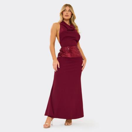 Cowl Neck Sequin Belt Detail Open Back Maxi Dress In Burgundy, Women's Size US