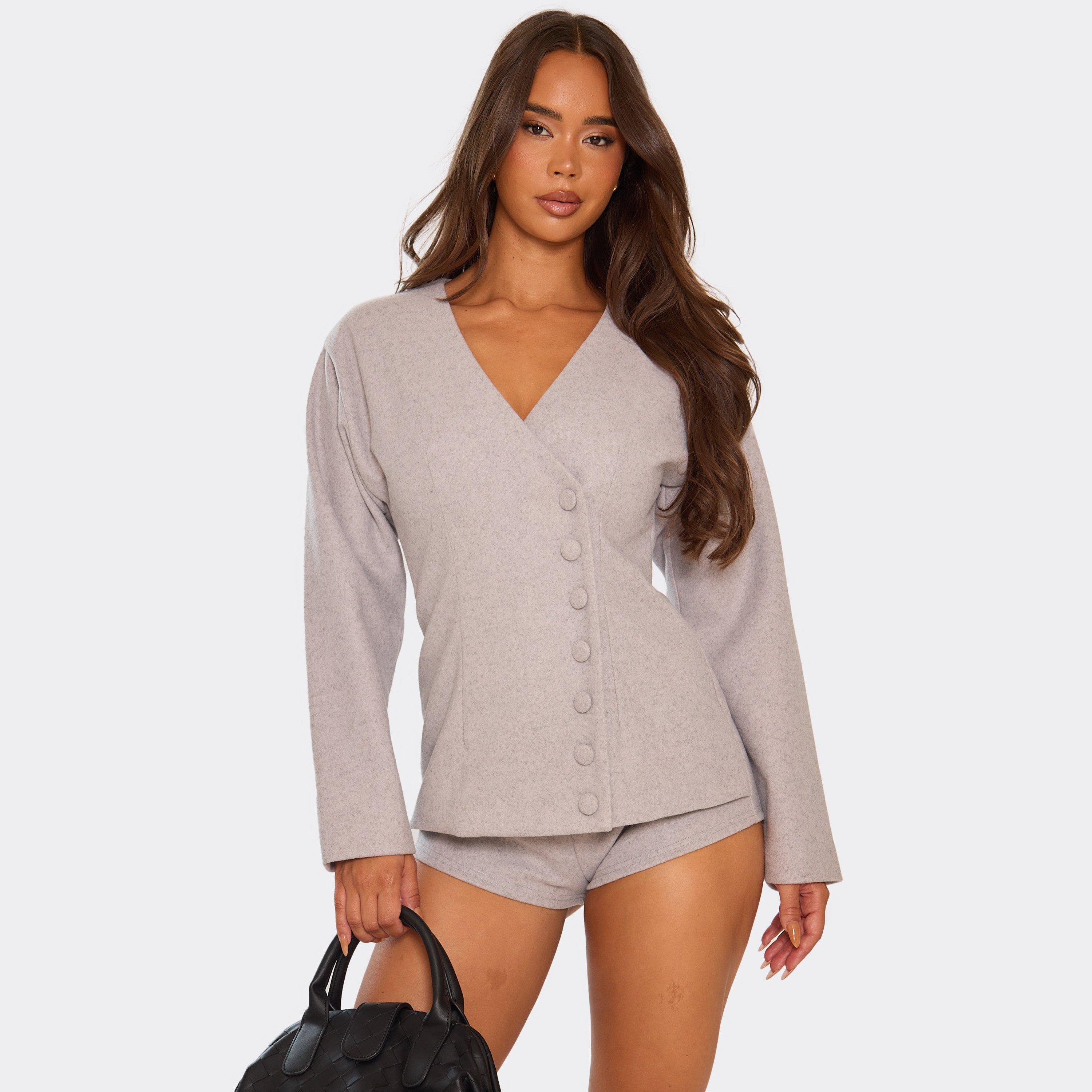 Long Sleeve Button Front Detail Blazer Playsuit In Grey, Women's Size UK 8