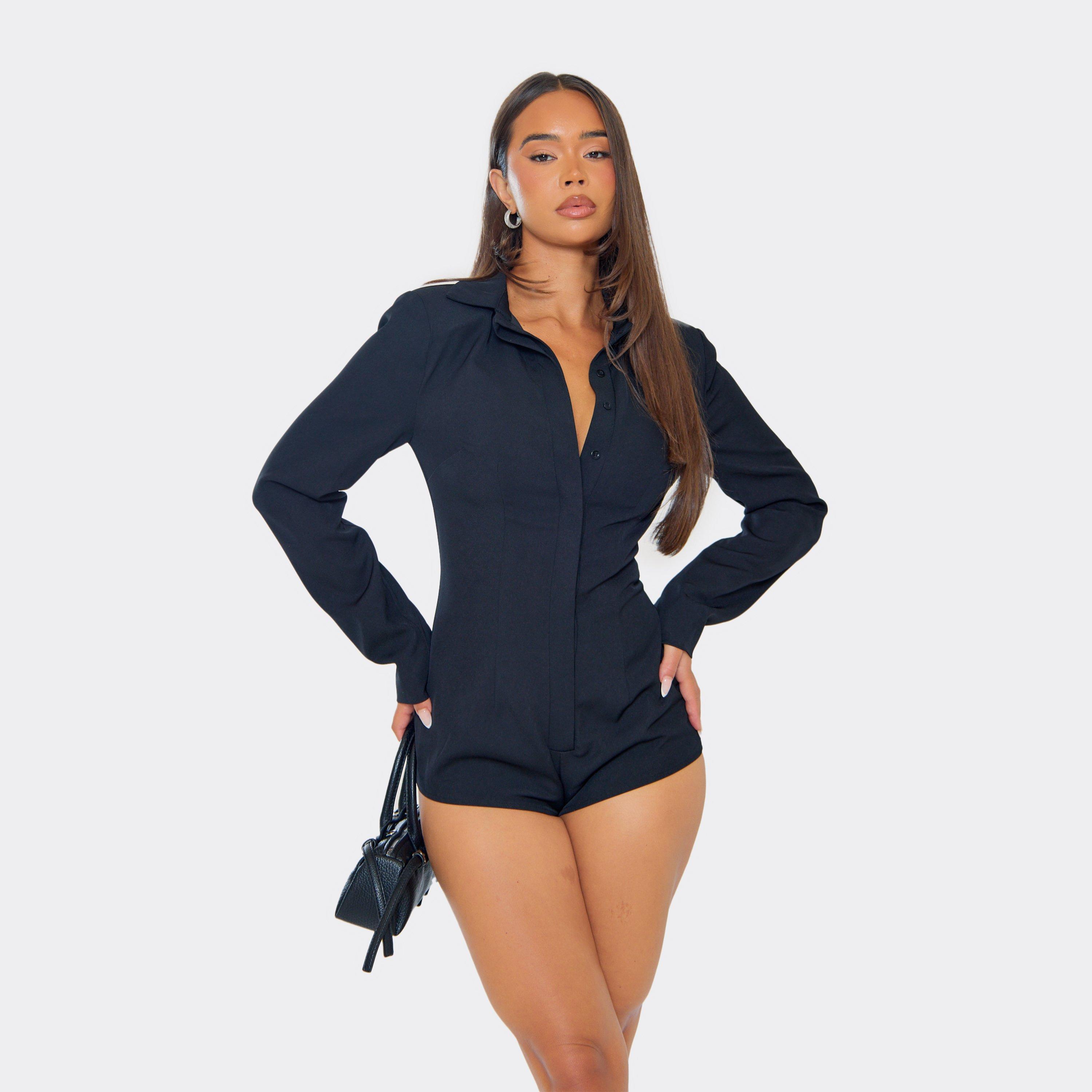 Image of Long Sleeve Shoulder Pad Detail Button Up Front Playsuit In Black, Women's