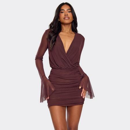 Long Sleeve Plunge Neckline Ruched Detail Mini Dress In Chocolate Brown, Women's Size US