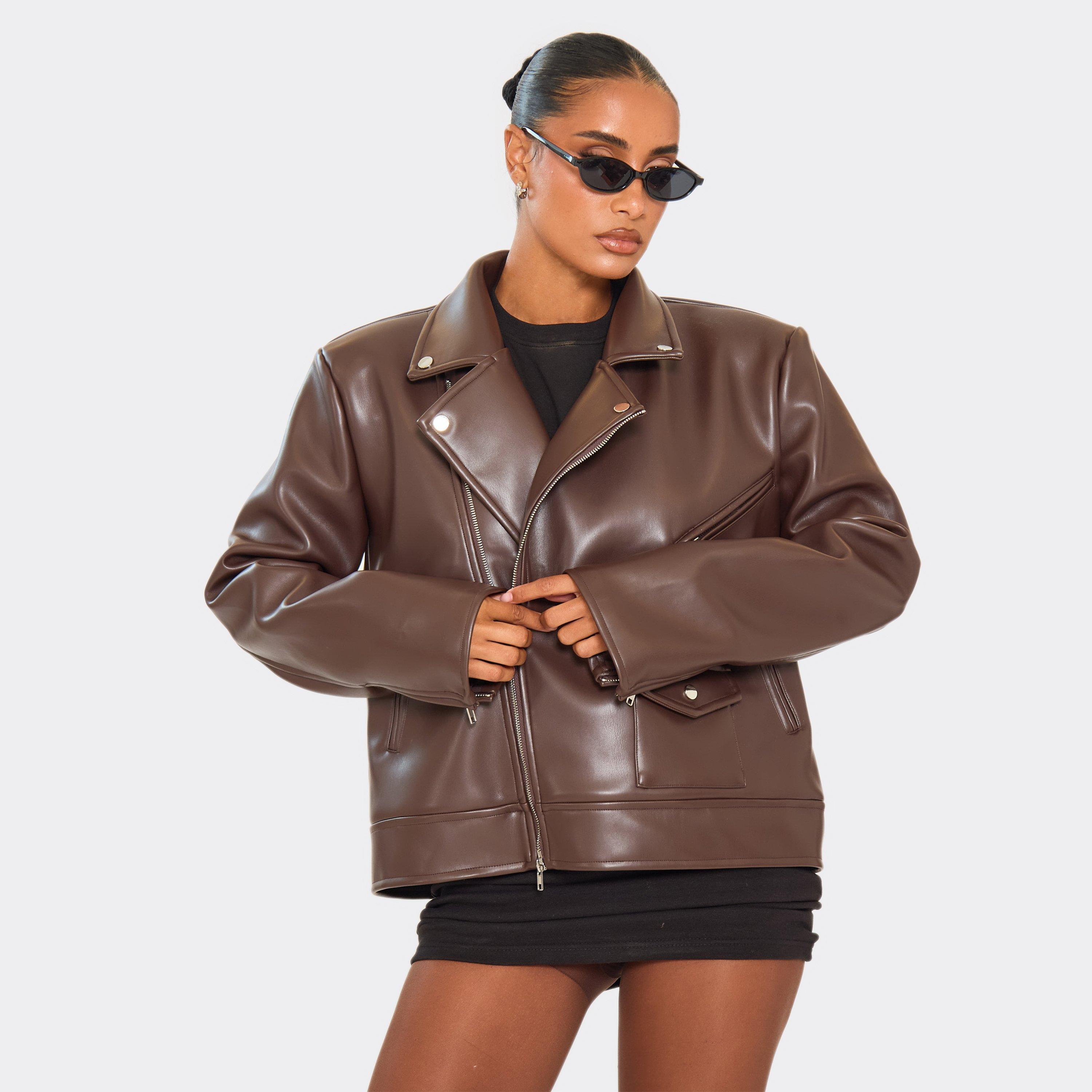 Collared Structured Biker Jacket In Chocolate Brown Faux Leather, Women's Size UK 12