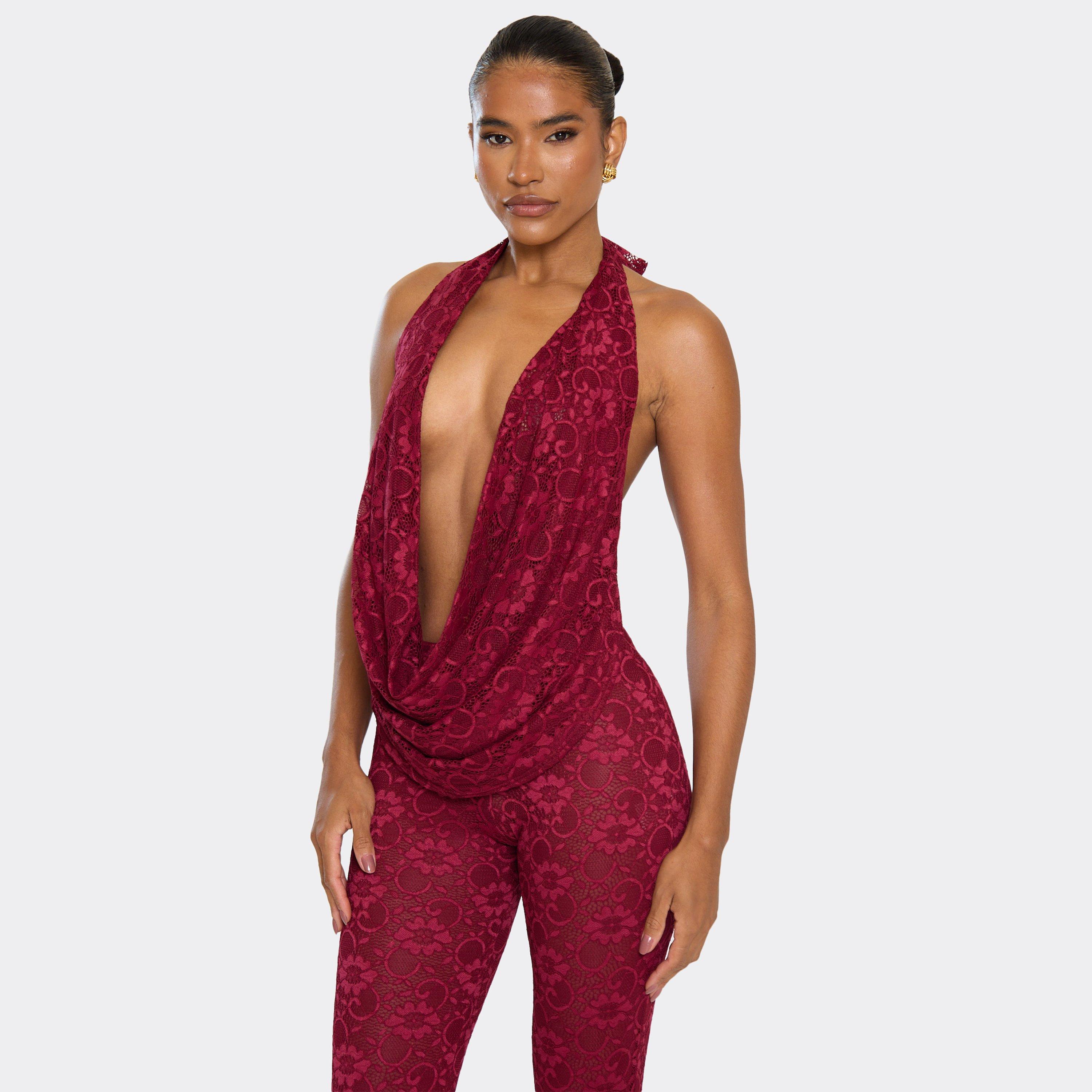 Image of Cowl Neck Top In Burgundy Lace, Women's