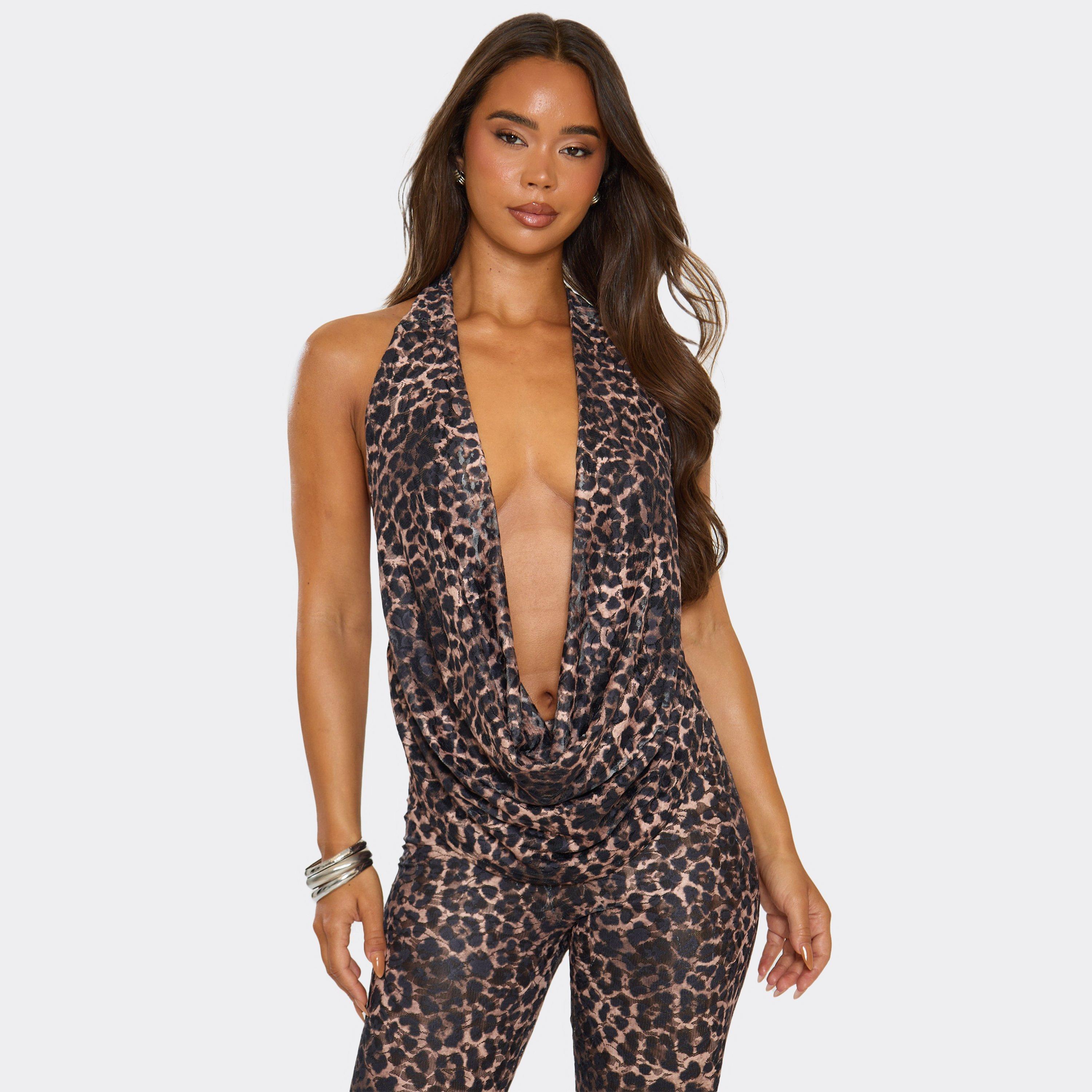 Extreme Cowl Neck Top In Leopard Print Lace, Women's Size UK 14