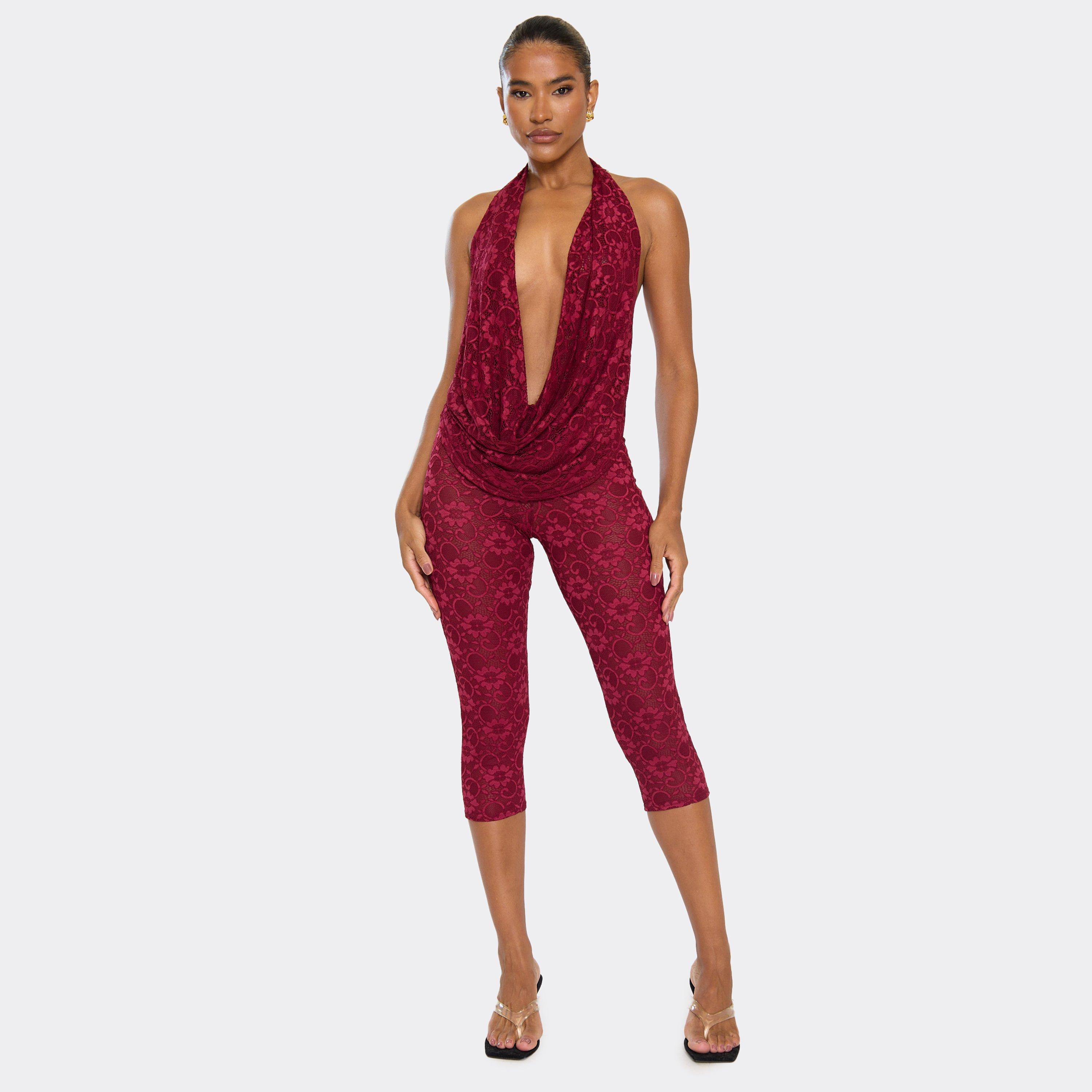 Low Rise Capri Leggings In Burgundy Lace, Women's Size UK 8