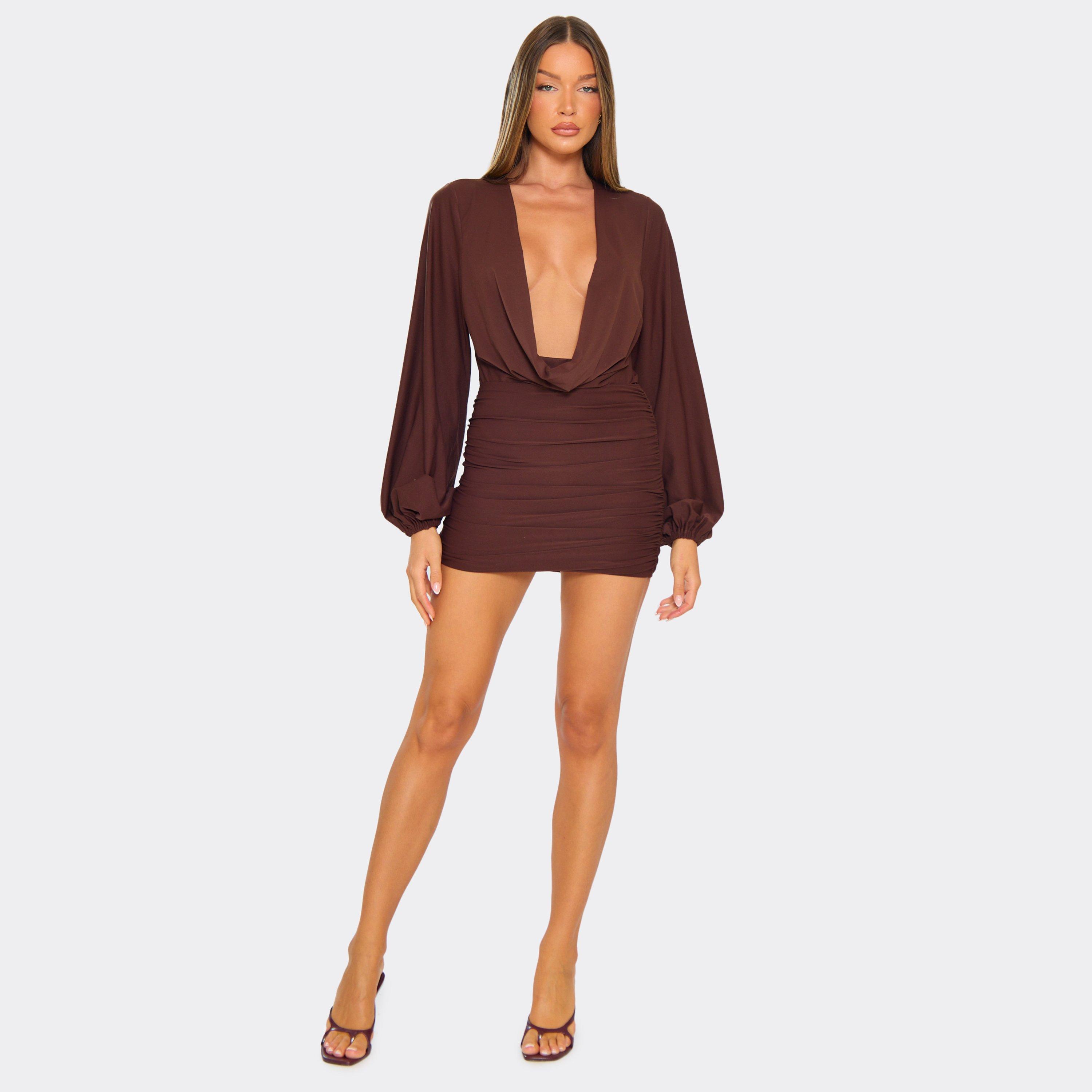 Mid Waist Mini Skirt In Chocolate Brown Slinky, Women's Size UK 8