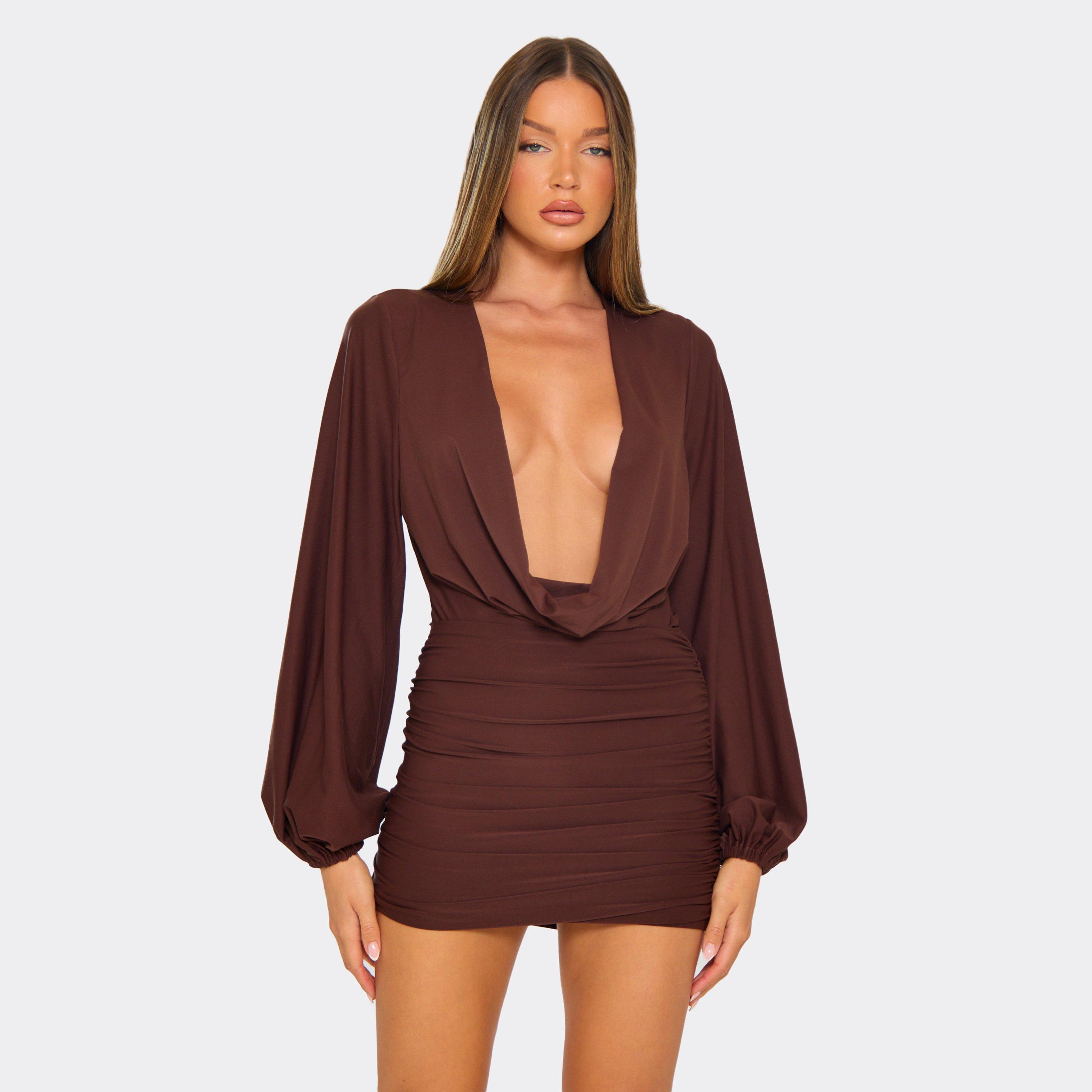 Image of Long Sleeve Cowl Neck Top In Chocolate Brown Slinky, Women's