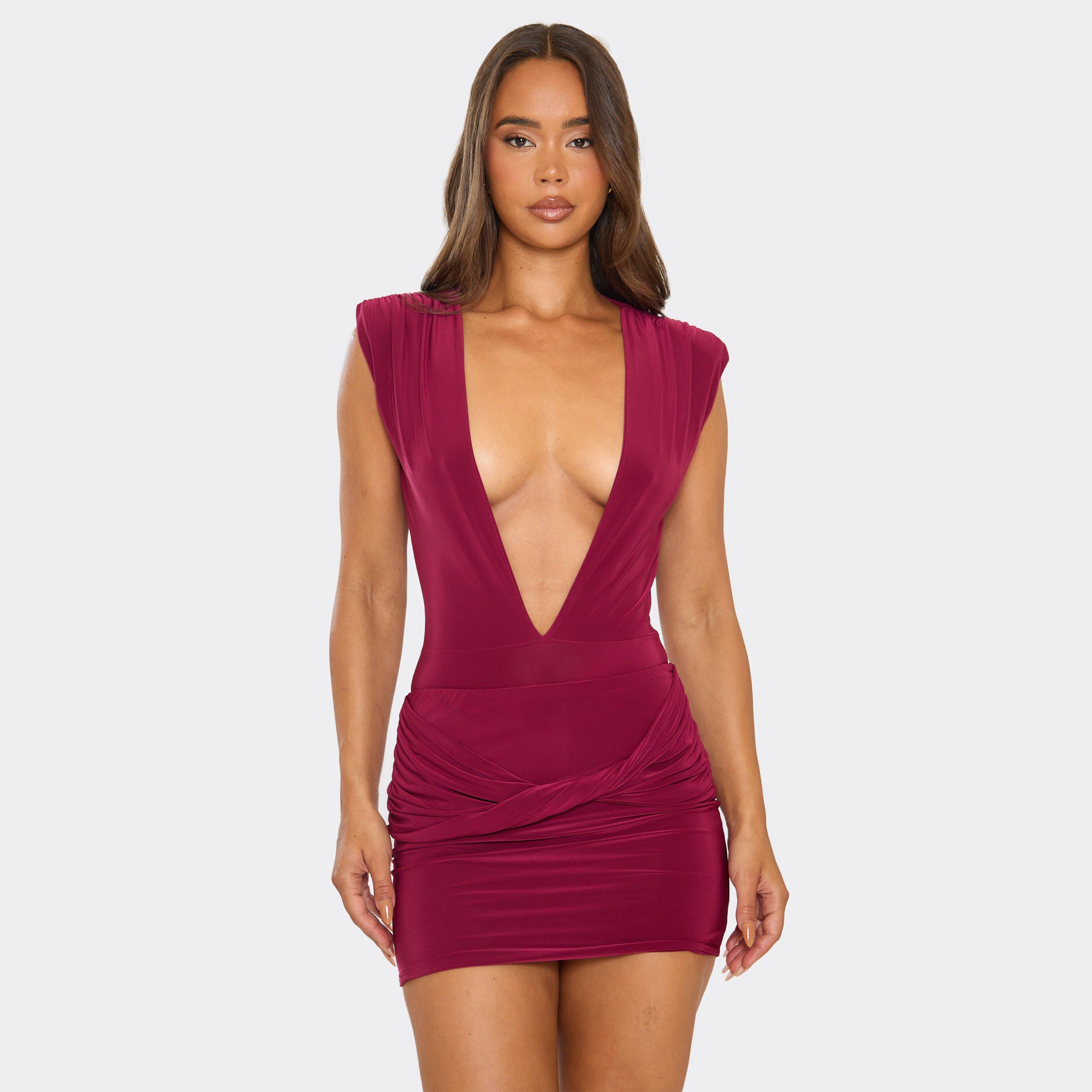 Sleeveless Plunge Bodysuit In Burgundy Slinky, Women’s