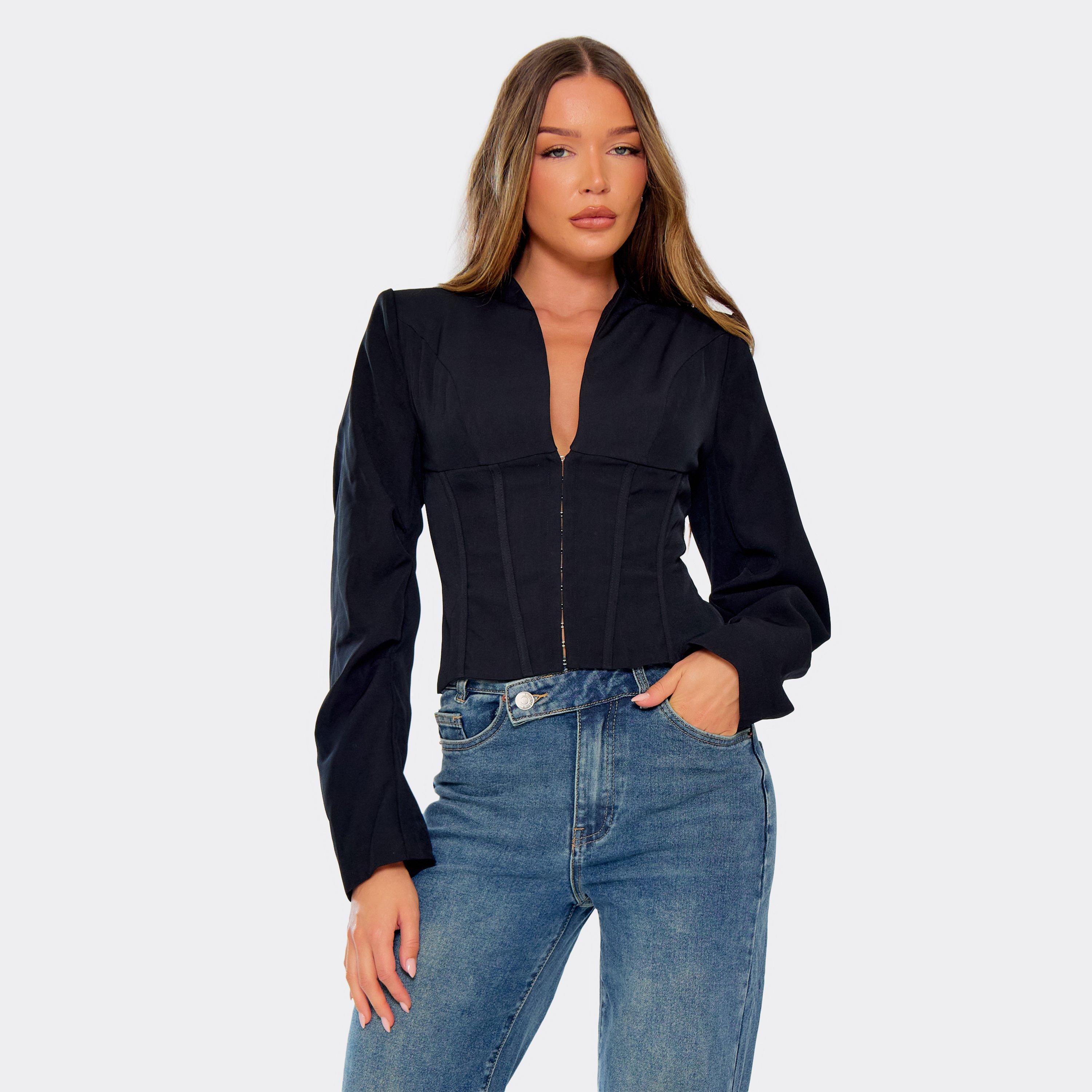 Long Sleeve Hook And Eye Corset Detail Blazer In Black, Women’s