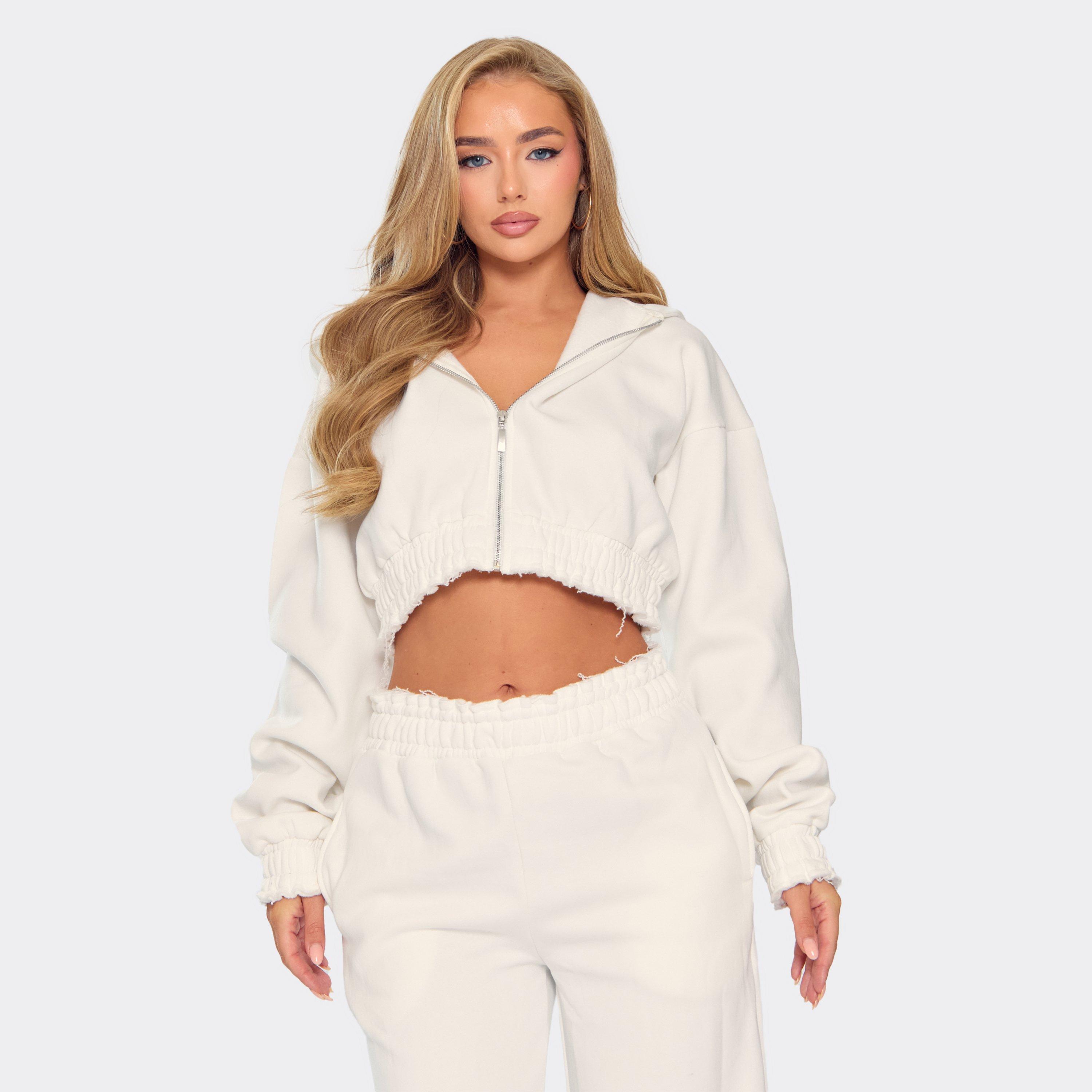 Long Sleeve Distressed Hem Cropped Zip Up Hoodie In Cream, Women’s