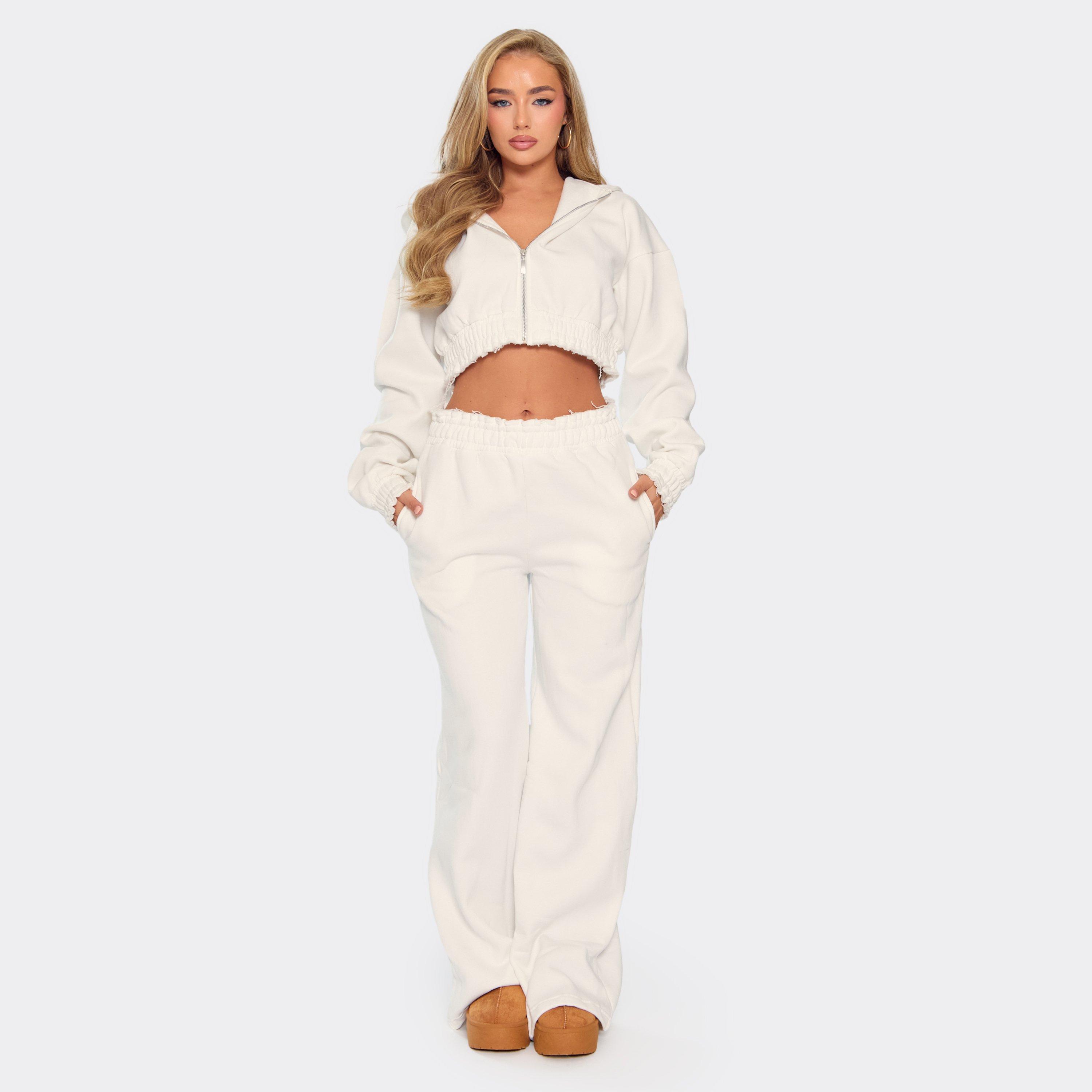 Mid Rise Distressed Waist Wide Leg Joggers In Cream, Women’s