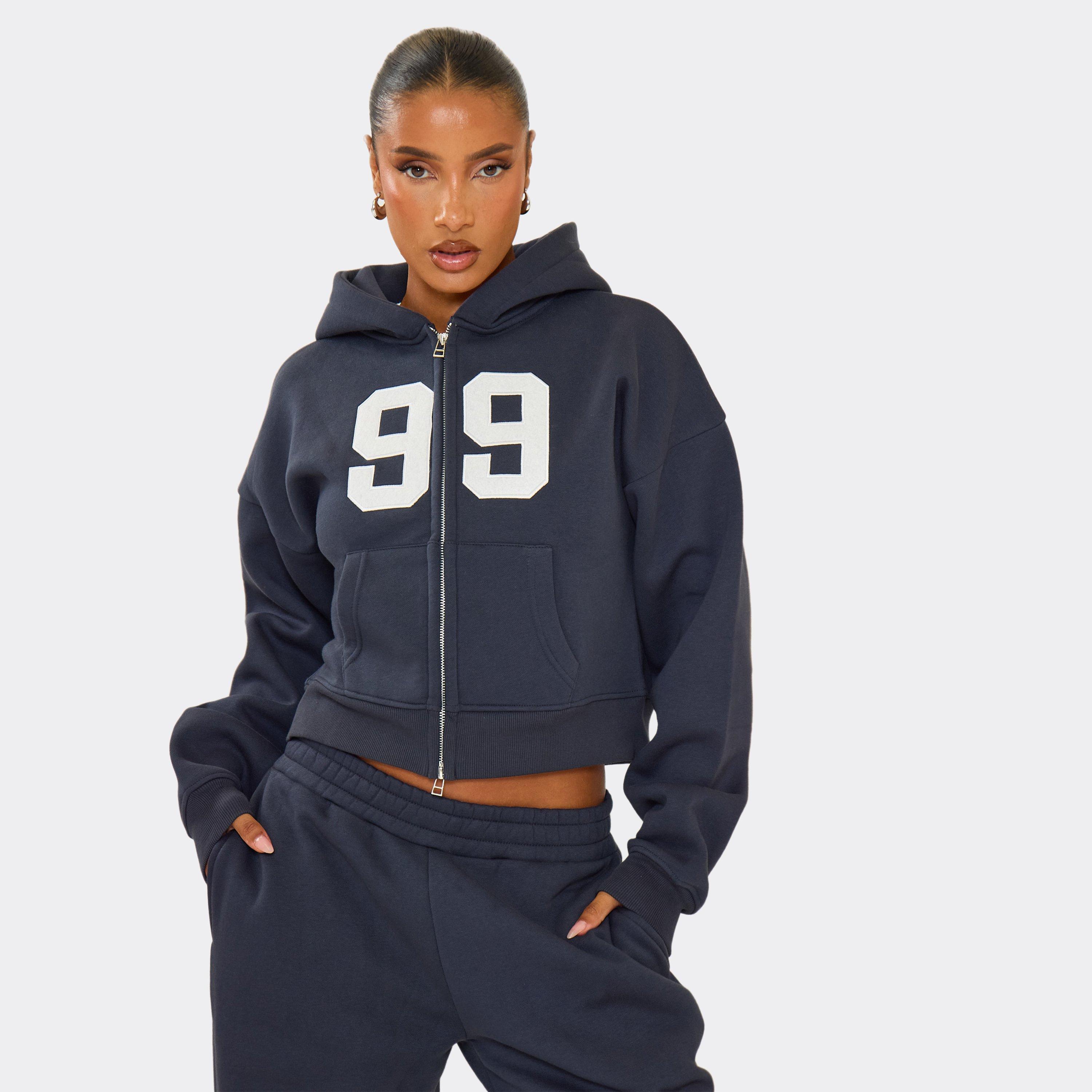Long Sleeve 99′ Graphic Double Zip Boxy Hoodie In Navy, Women’s