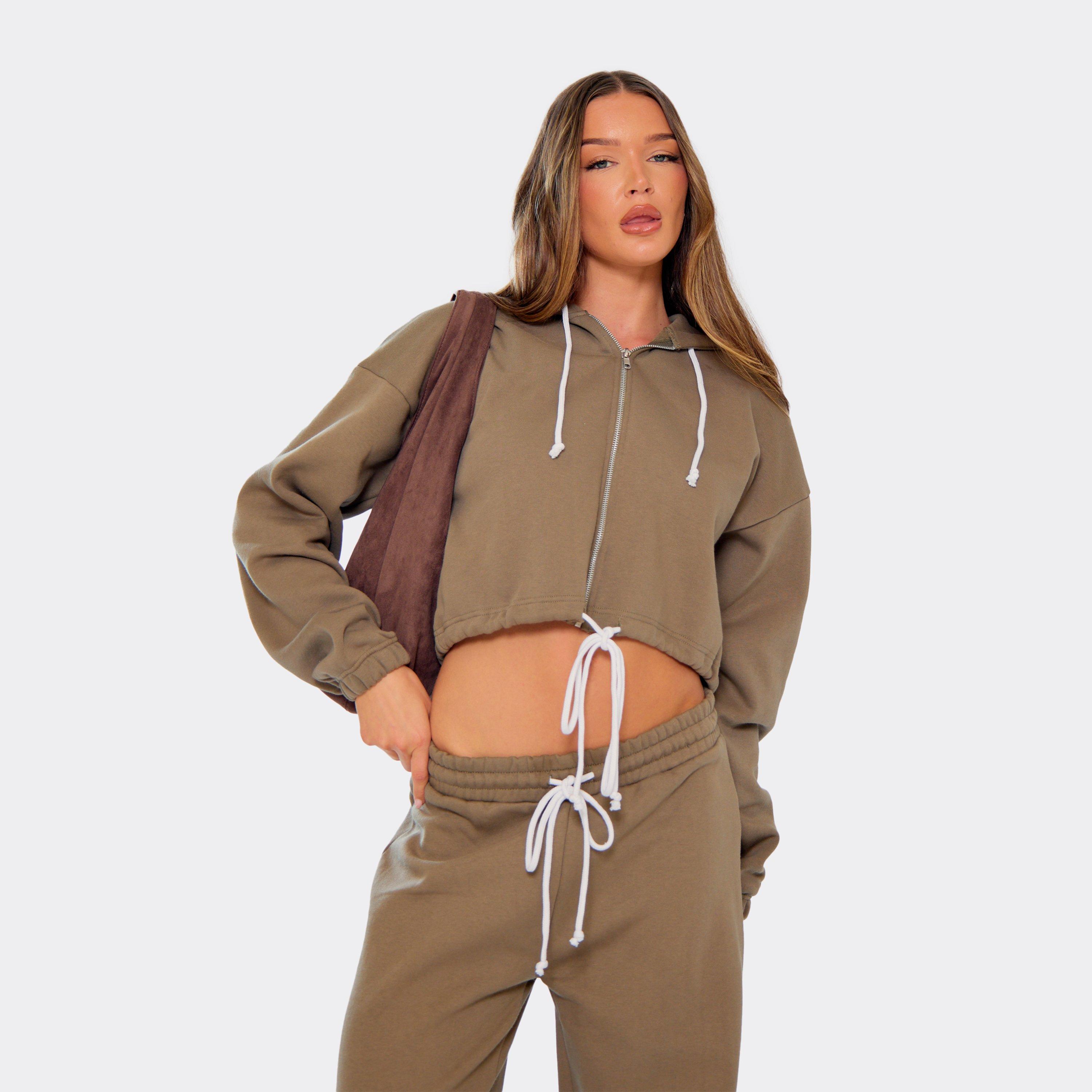 Contrast Drawstring Zip Up Cropped Hoodie In Khaki Green, Women’s