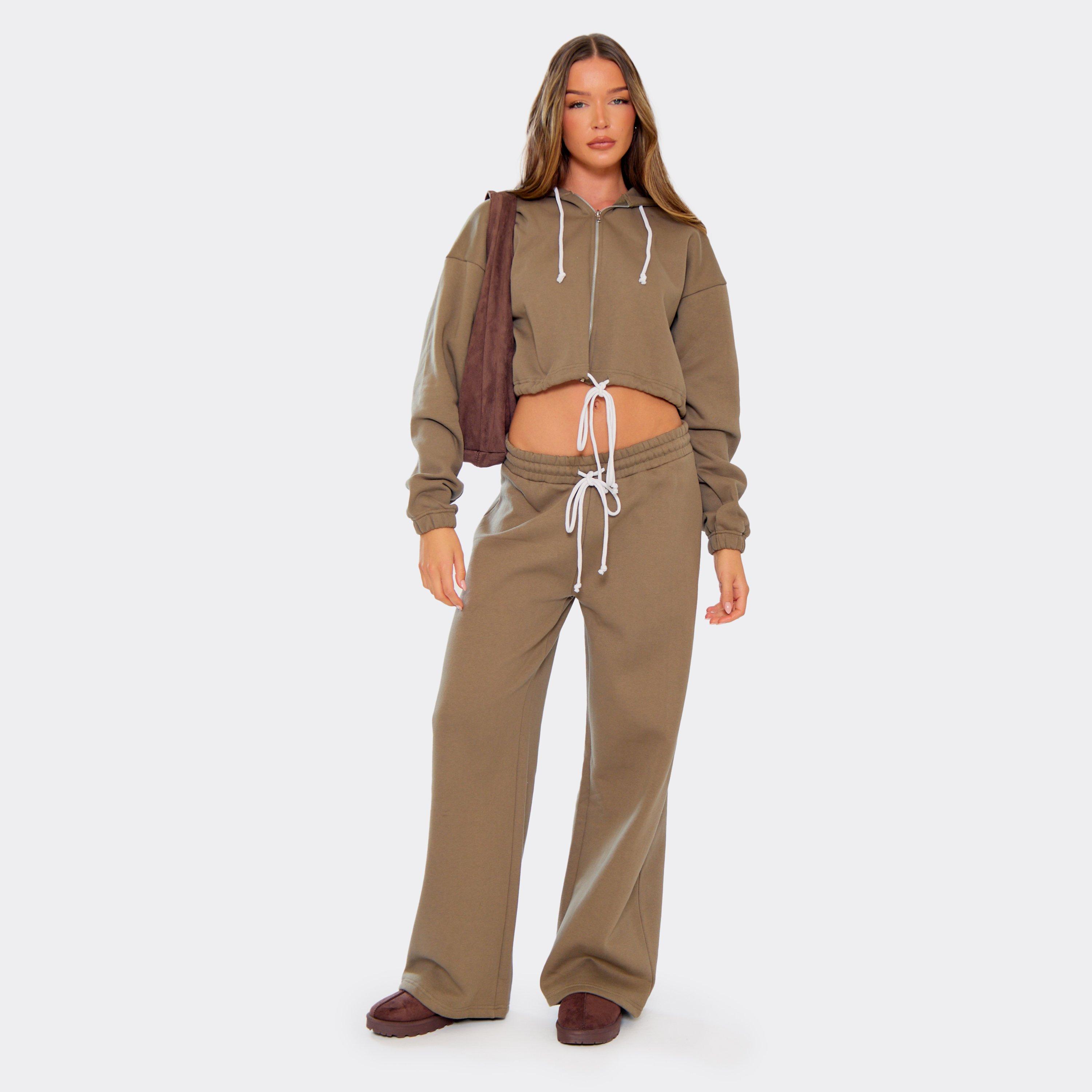Contrast Drawstring Wide Leg Joggers In Khaki Green, Women's Size UK 8