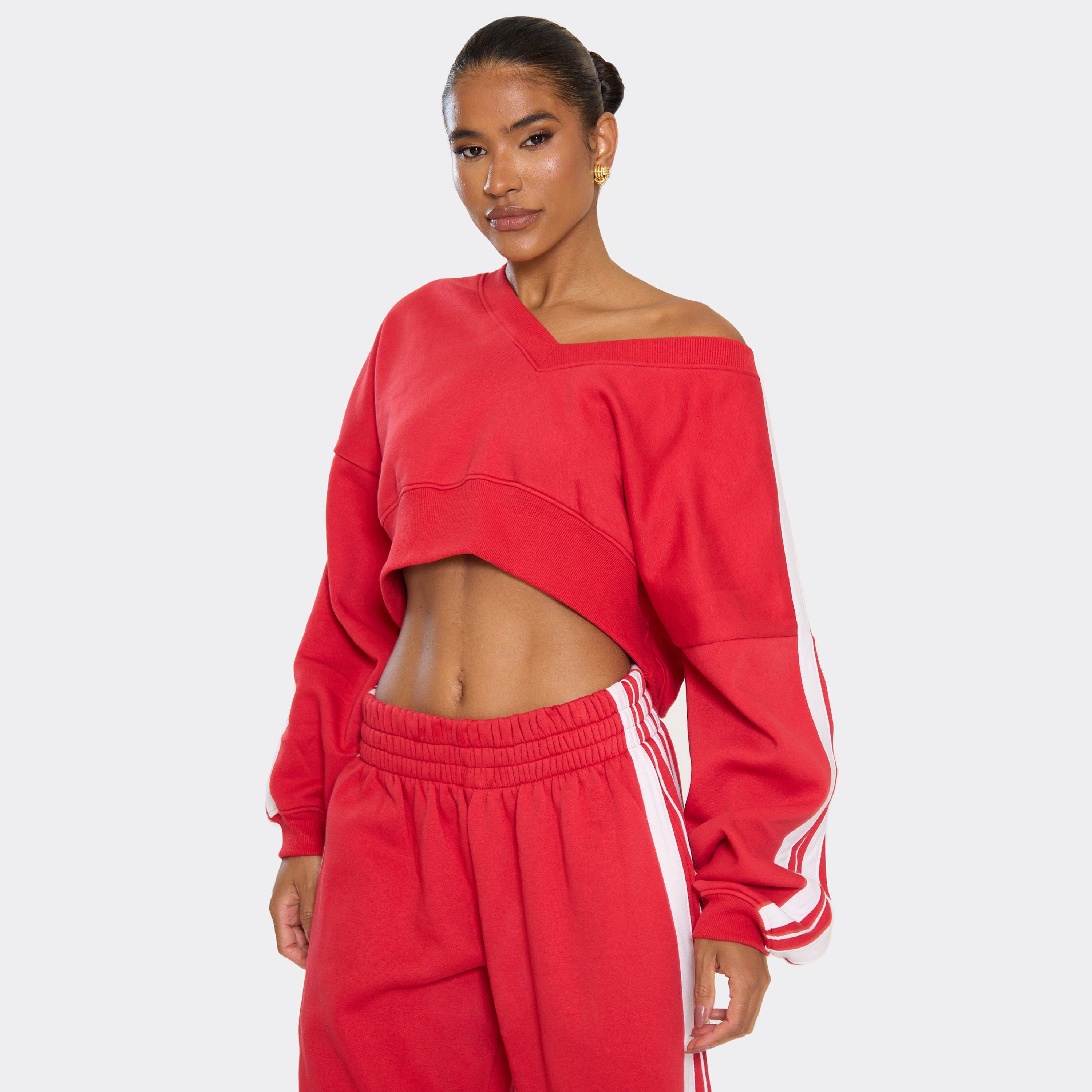 V Neck Long Sleeve Stripe Detail Cropped Sweatshirt In Red, Women's Size UK 12