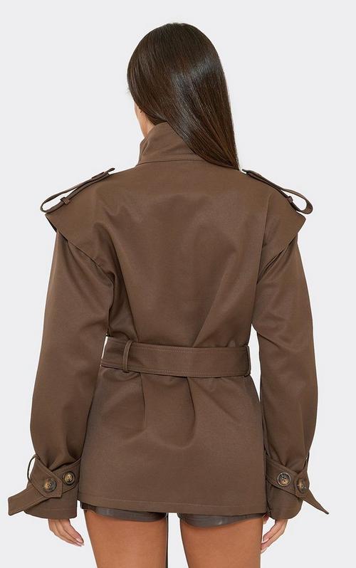Belted Waist Contrast Stitch Detail Trench Coat In Black Faux