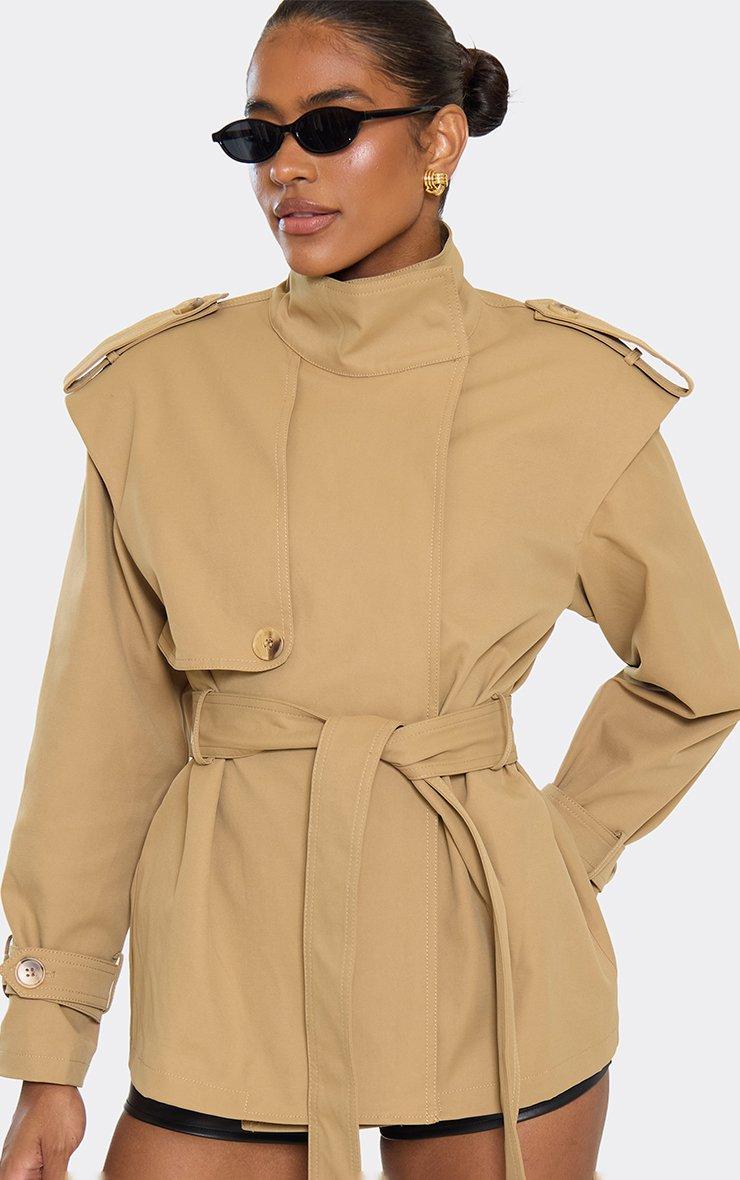 High Neck Belted Waist Short Trench Coat In Taupe | EGO CA | EGO