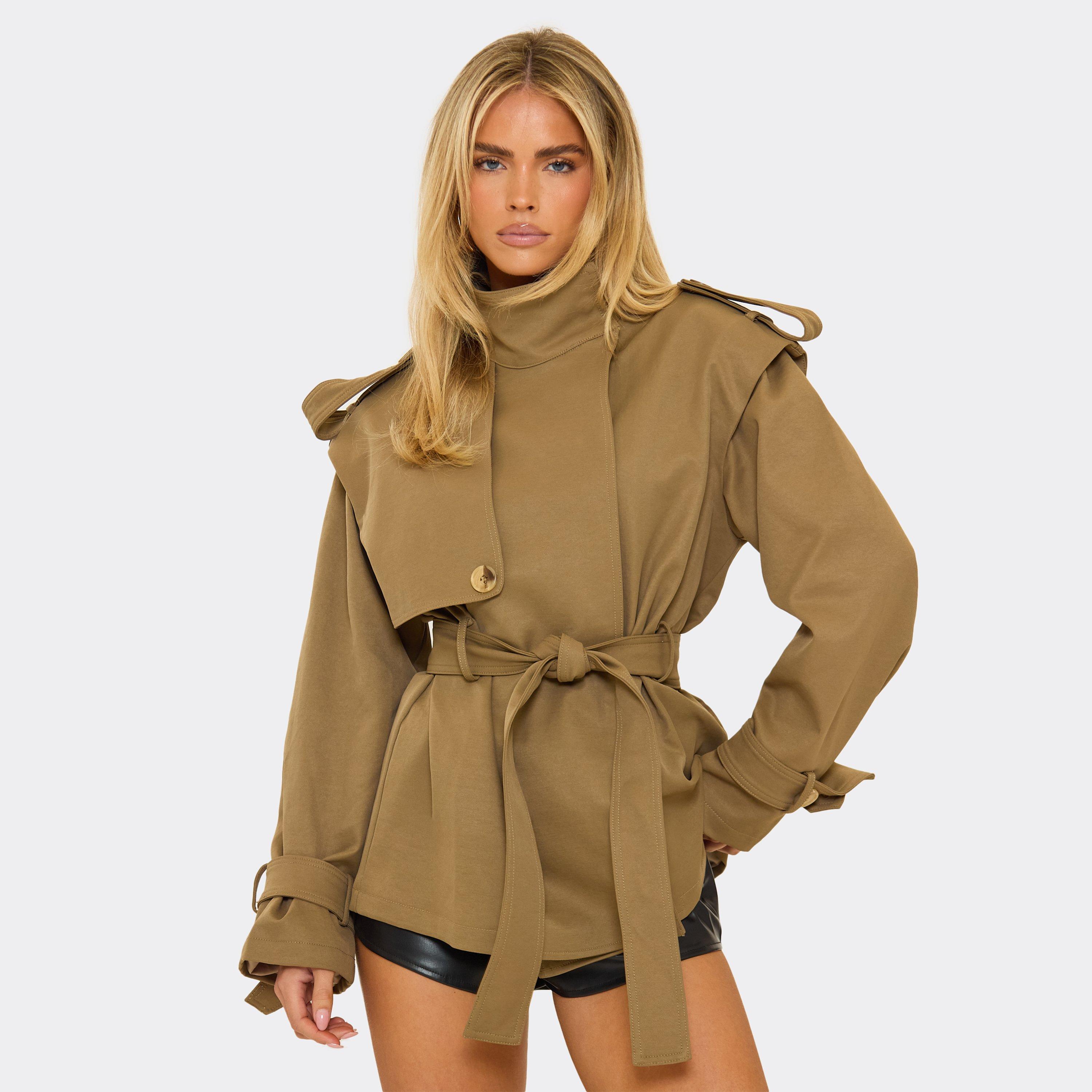 High Neck Belted Waist Short Trench Coat In Khaki, Women's Size UK 6