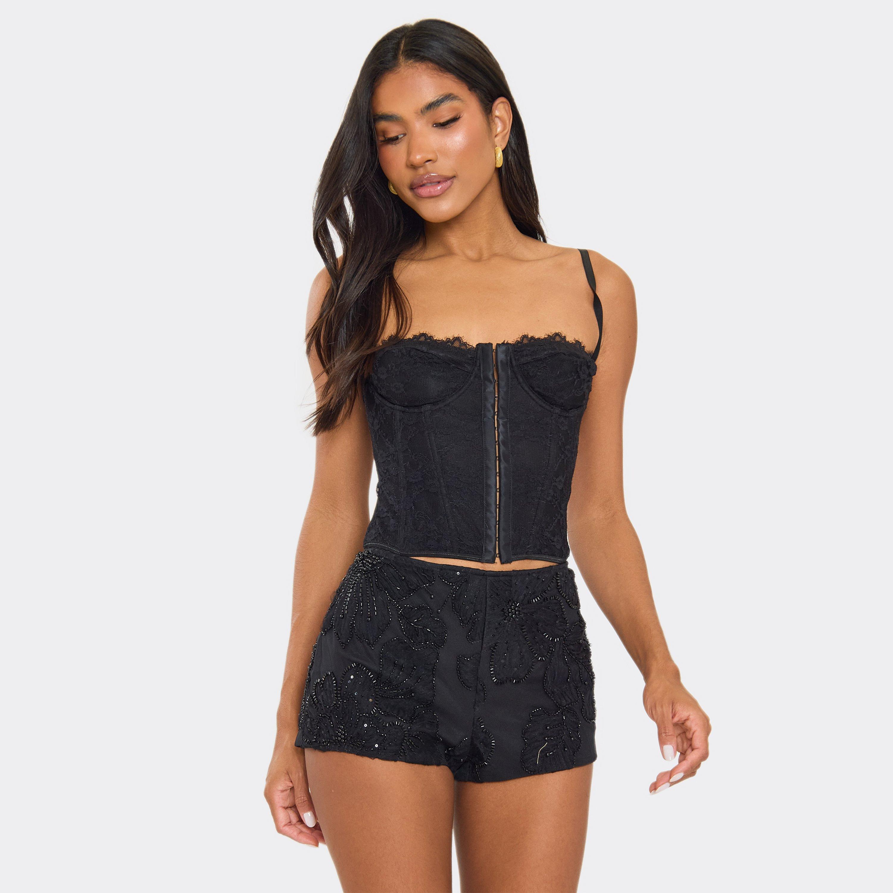 Mid Rise Mirco Shorts In Black Floral Sequin, Women's Size UK 6