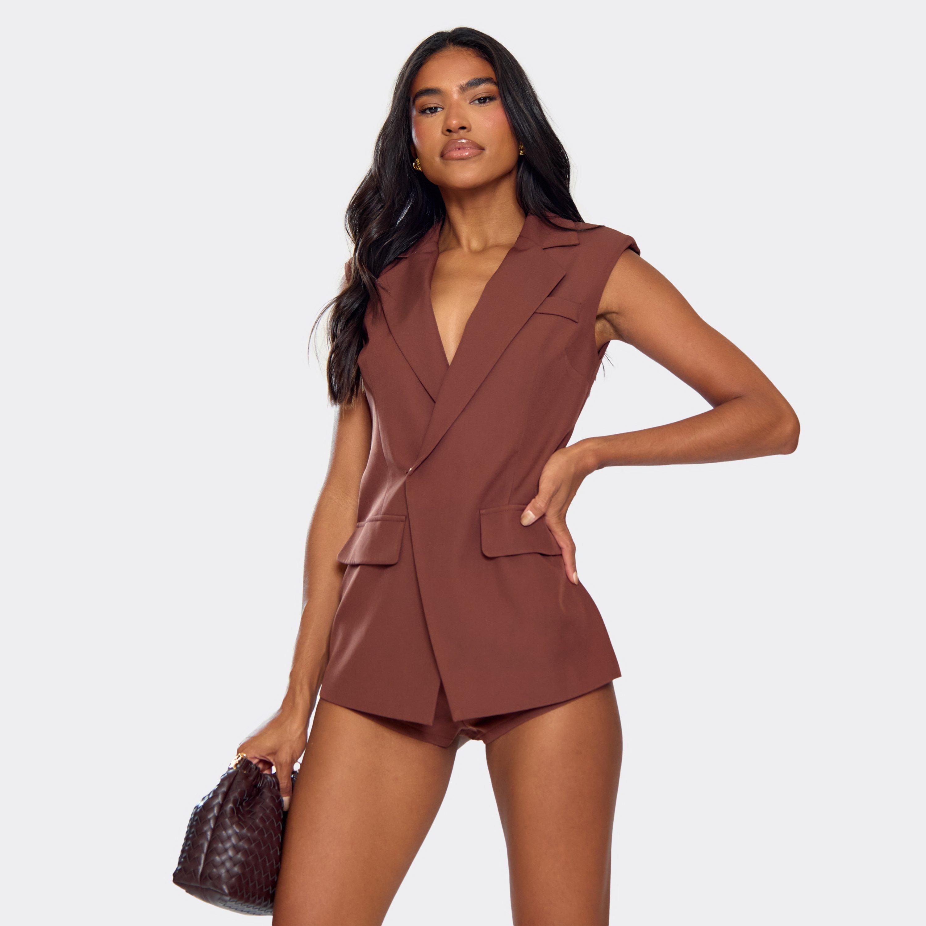 Plunge Split Front Blazer Playsuit In Chocolate Brown, Women's Size UK 8