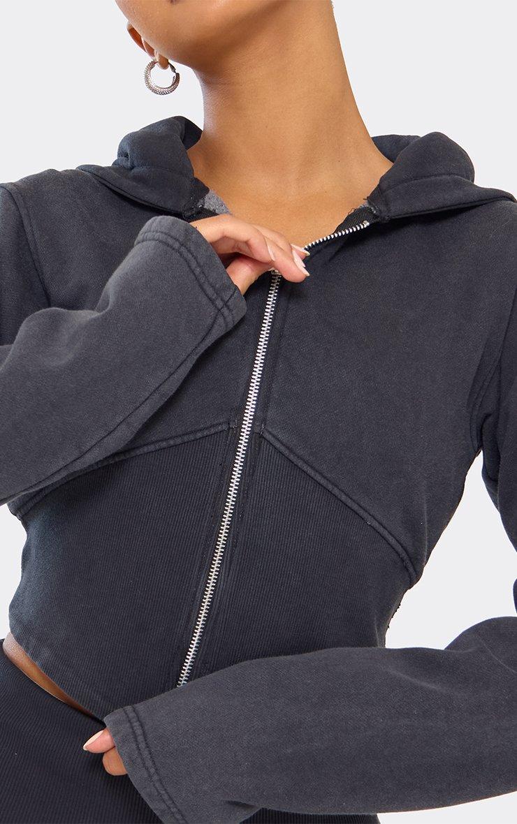 coco_chappy ！！！ Cinched Waist Cropped Zip Up Hoodie In Washed Black | EGO US