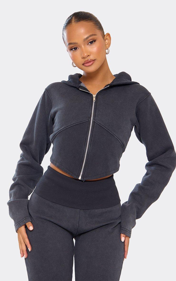 coco_chappy ！！！ Cinched Waist Cropped Zip Up Hoodie In Washed Black | EGO US