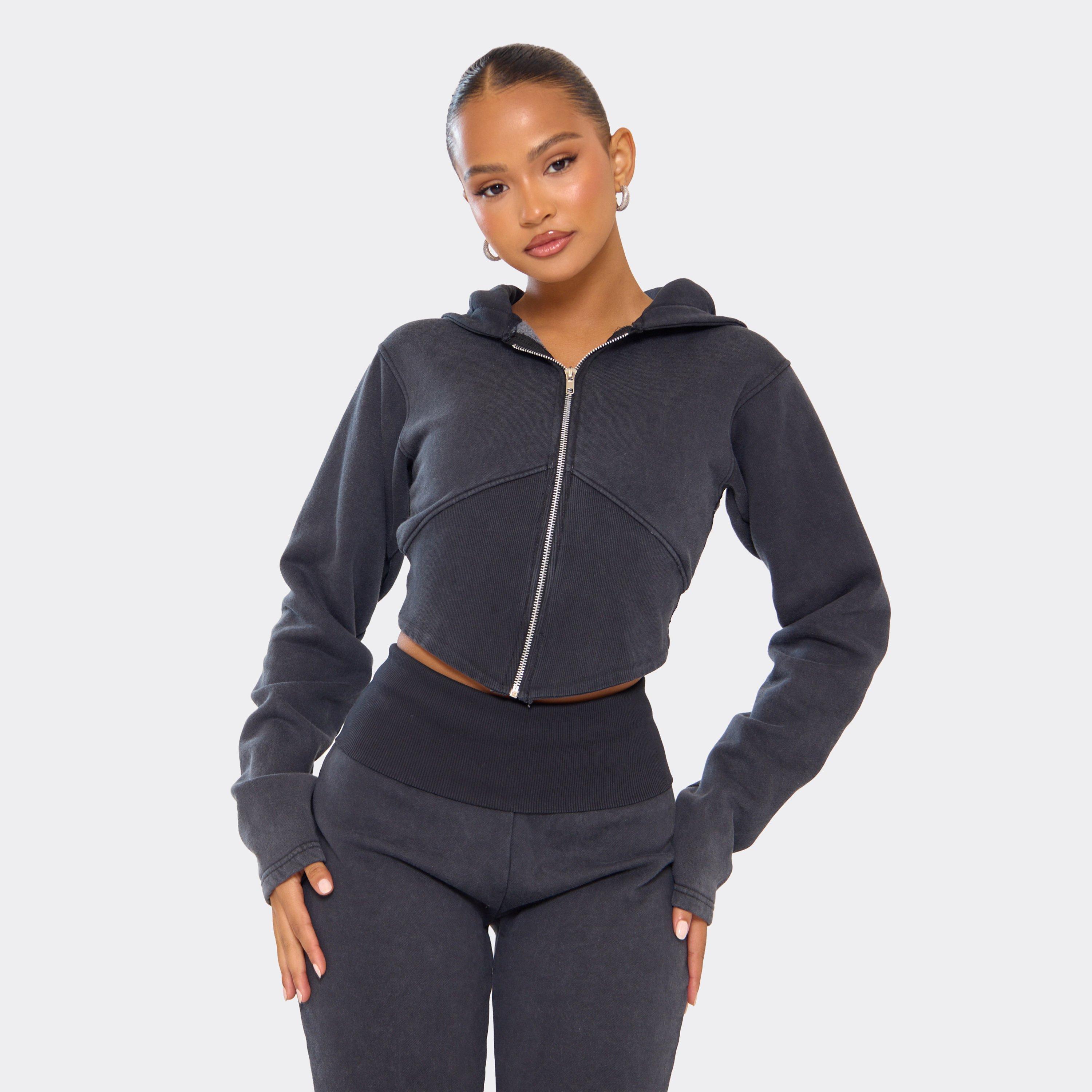 Cinched Waist Cropped Zip Up Hoodie In Washed Black, Women's Size UK 8