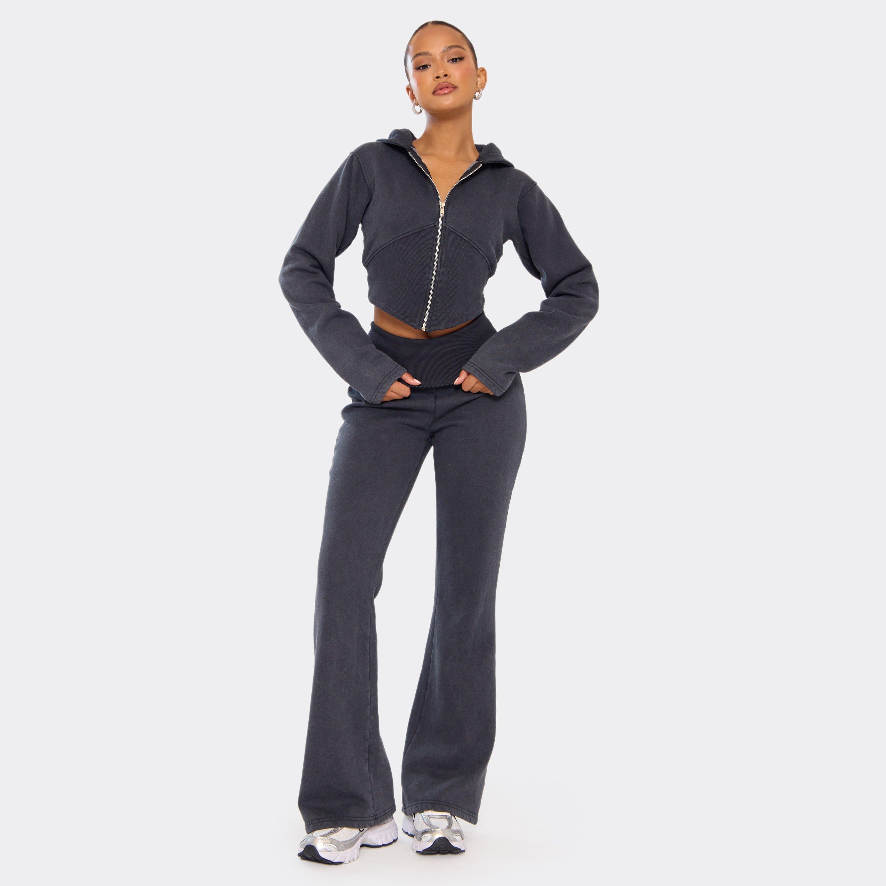 Low Rise Foldover Flared Joggers In Washed Black, Women’s