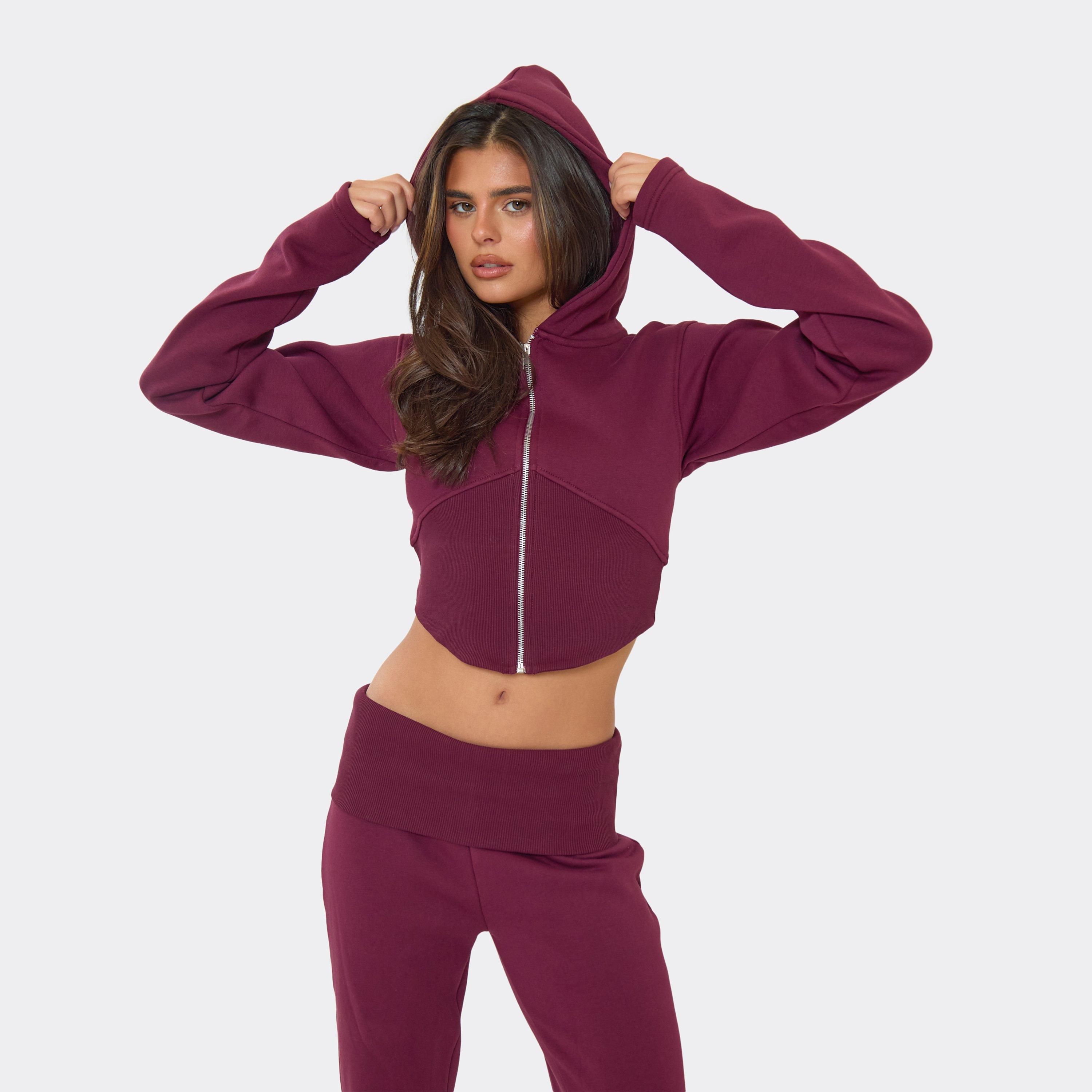 Cinched Waist Cropped Zip Up Hoodie In Washed Plum, Women’s