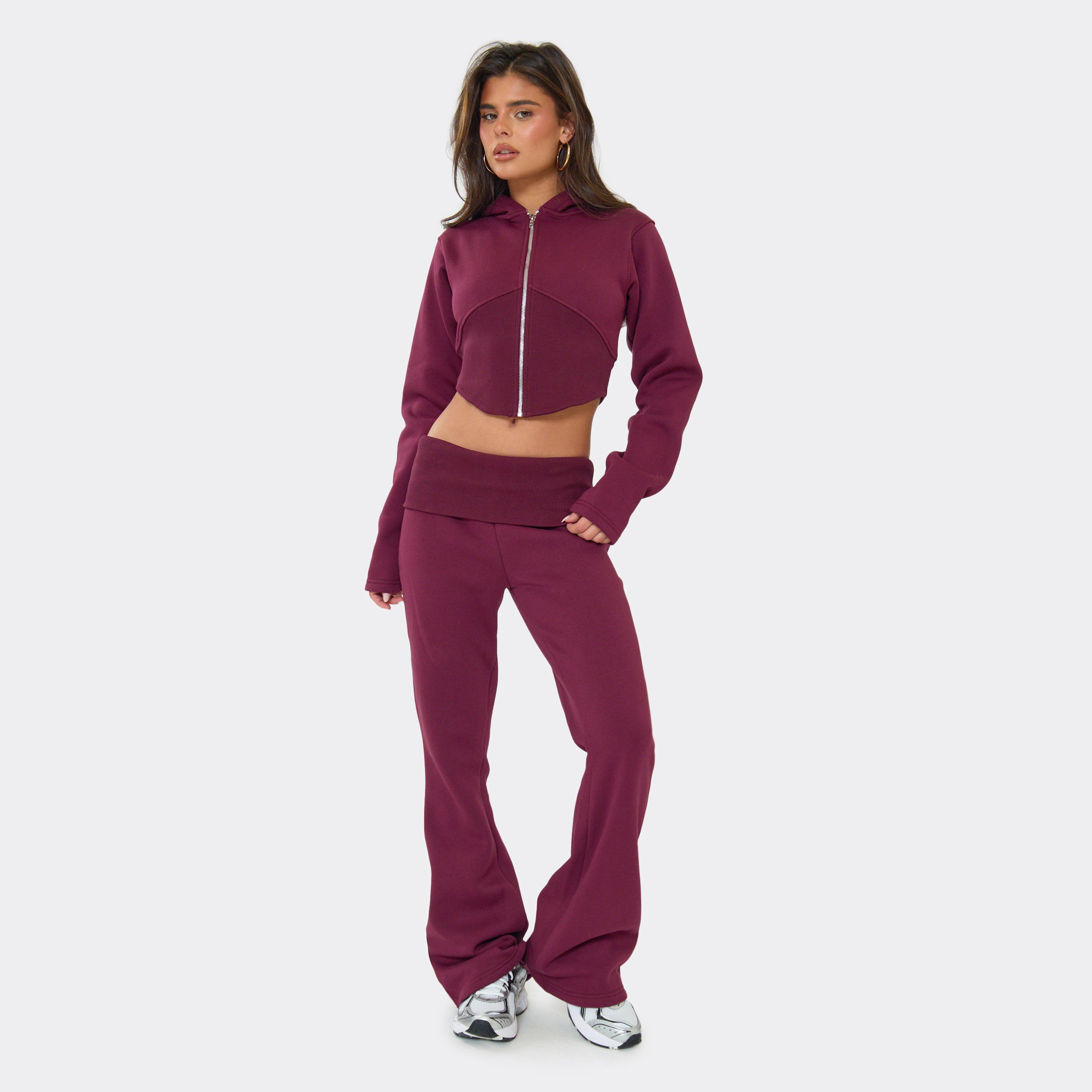 Low Rise Foldover Flared Joggers In Washed Plum, Women's Size UK 14