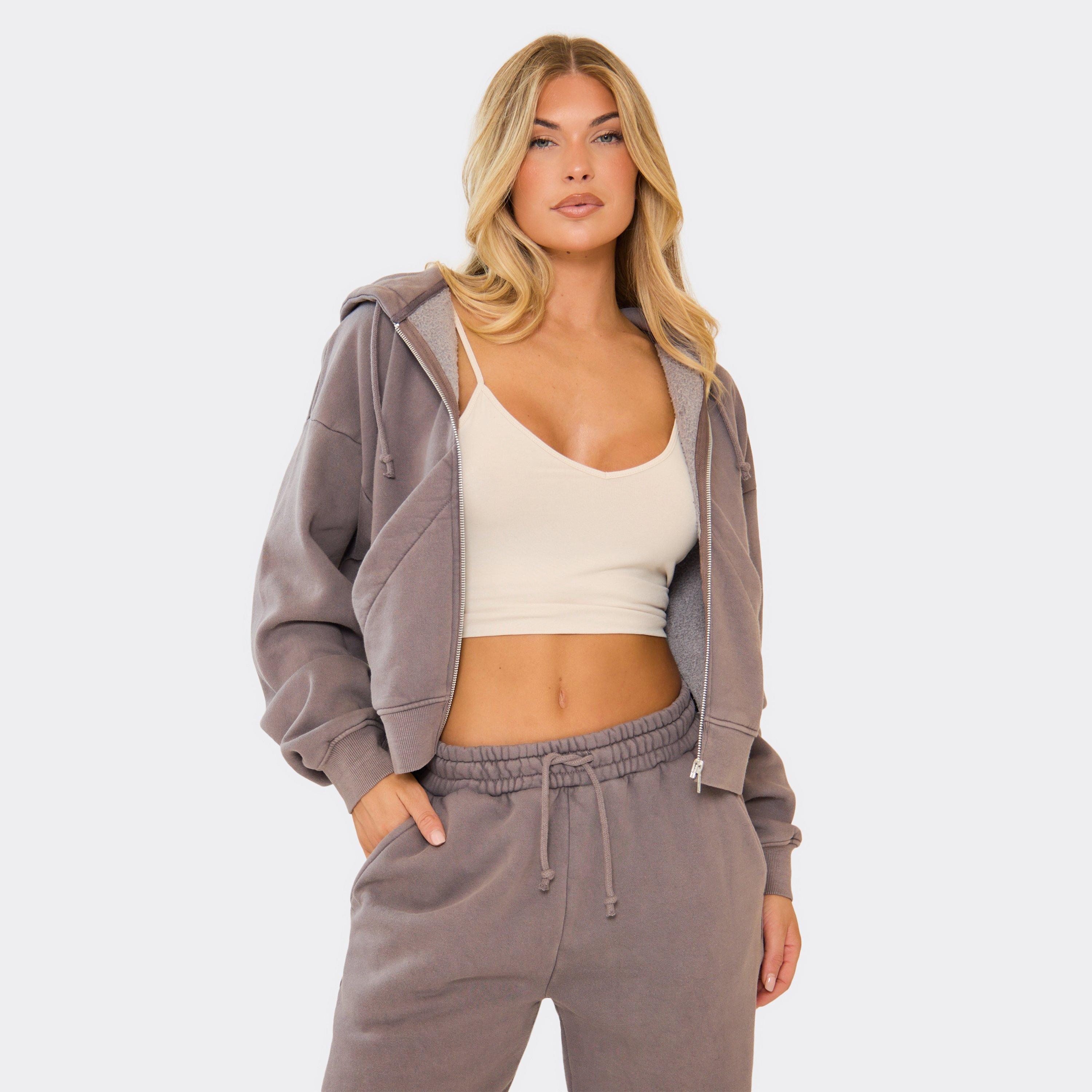 Boxy Double Zip Up Hoodie In Washed Charcoal, Women's Size UK 4