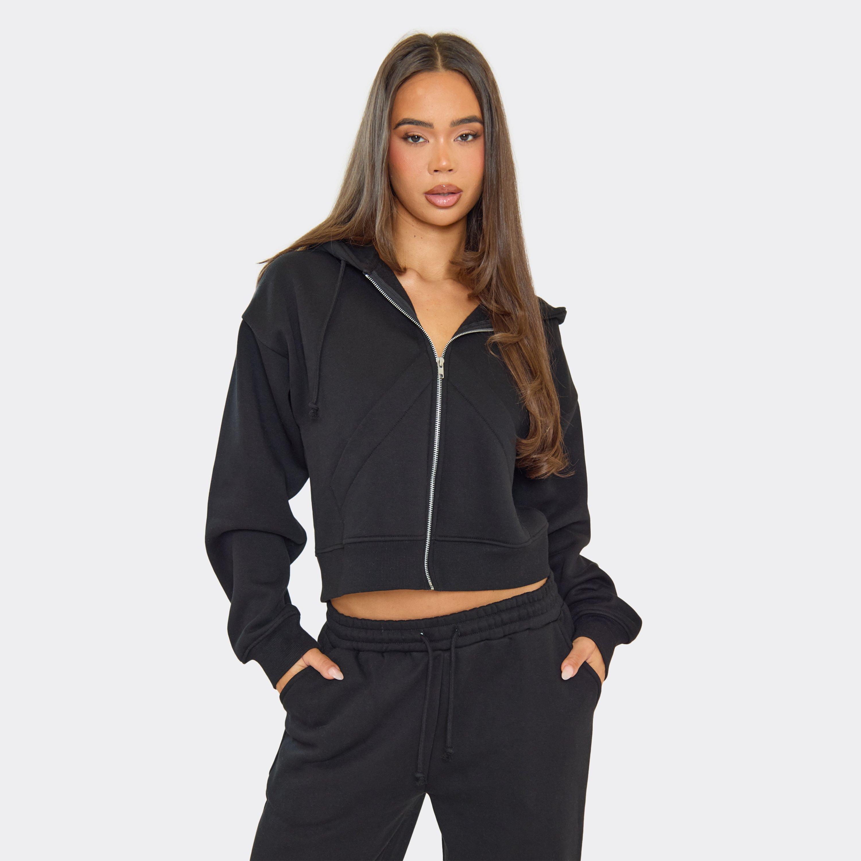 Boxy Double Zip Up Hoodie In Black, Women’s