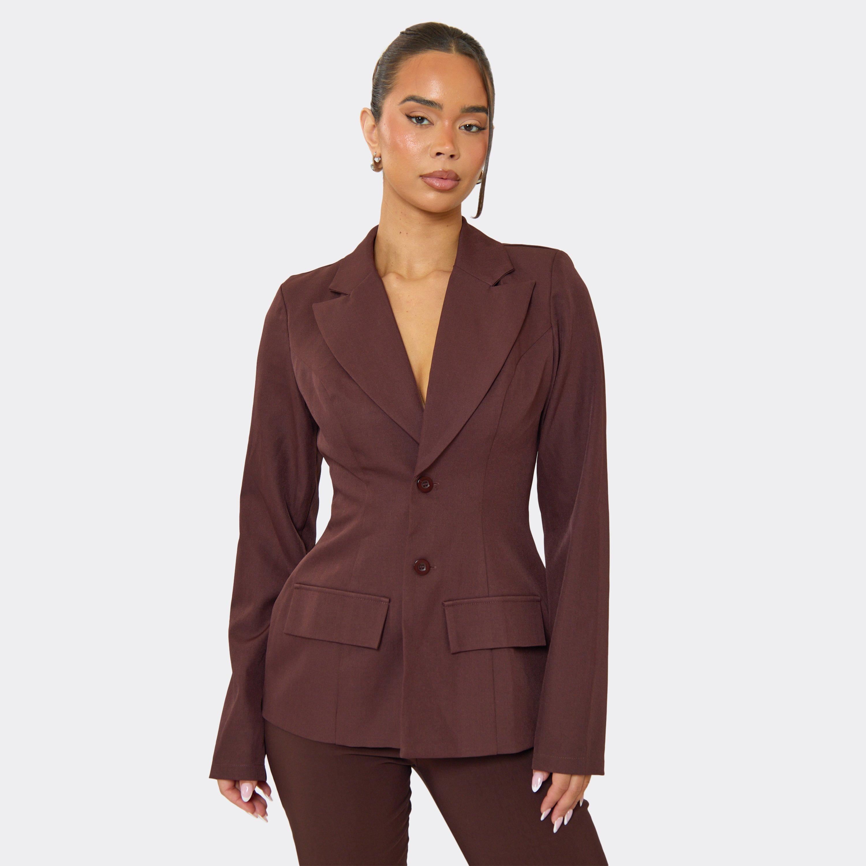 Long Sleeve Cinched Waist Shaped Hip Detail Blazer In Chocolate Brown, Women's Size UK 8
