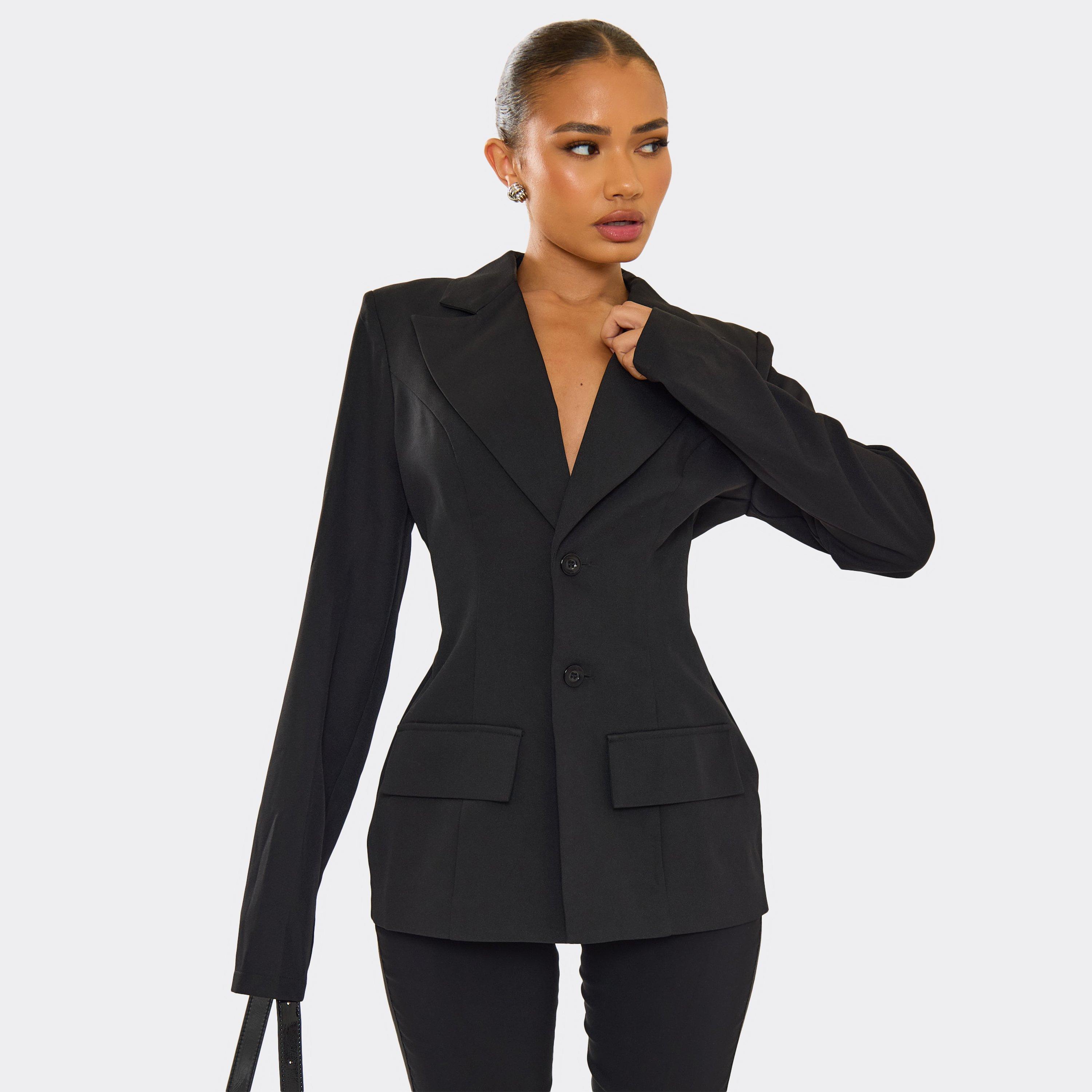 Long Sleeve Cinched Waist Shaped Hip Detail Blazer In Black, Women’s