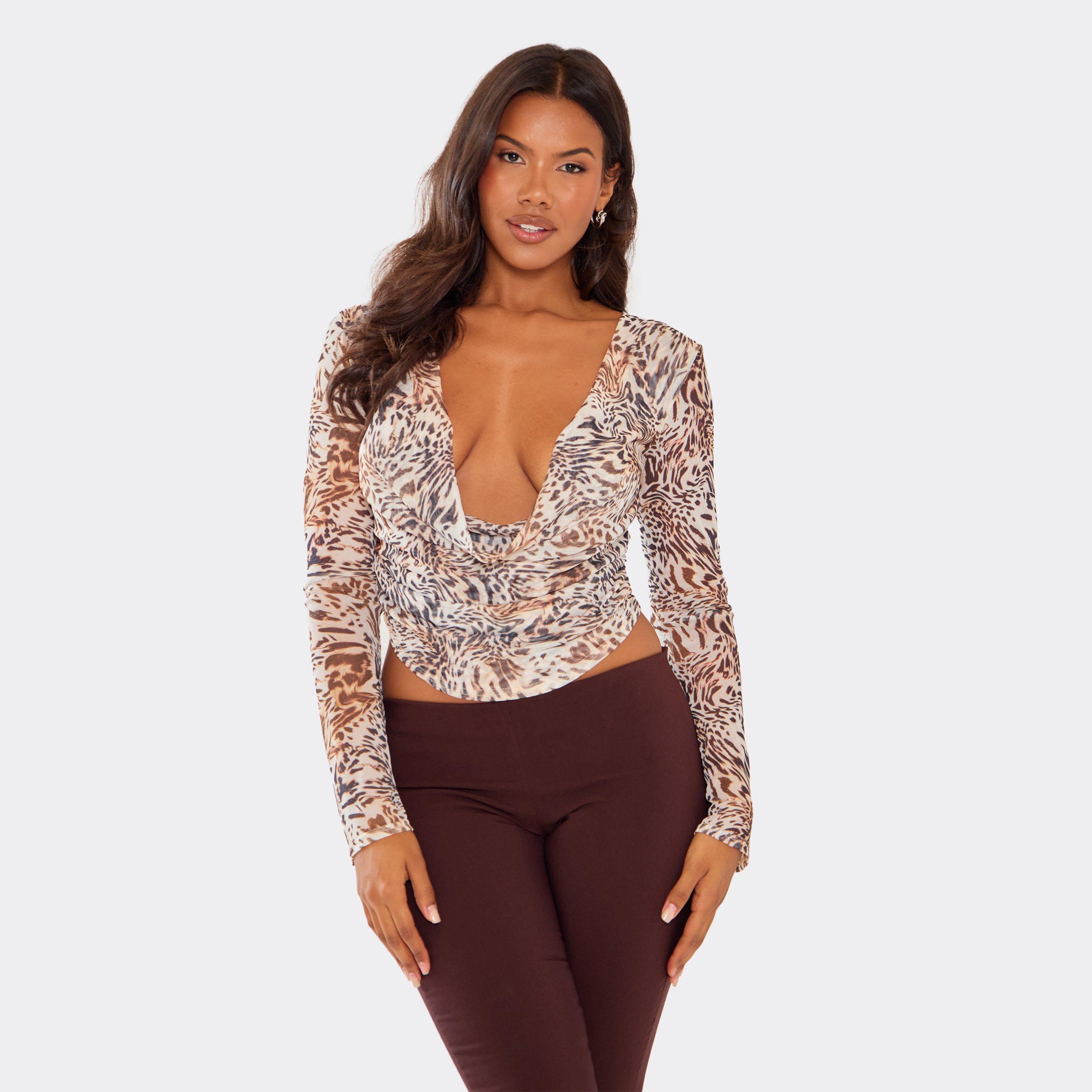 Image of Long Sleeve Cowl Neck Top In Brown Animal Print Mesh, Women's
