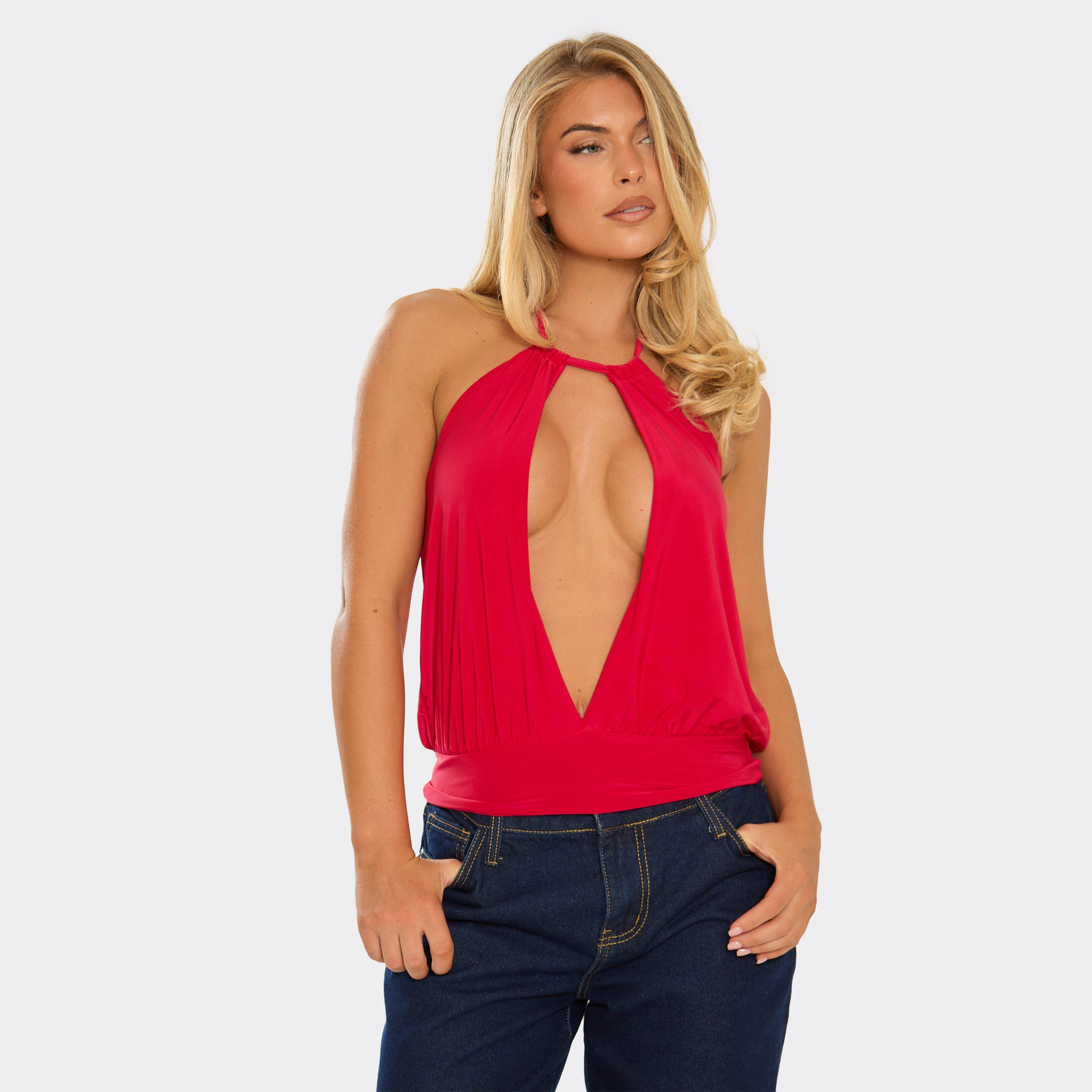 45908 Halterneck Cut Out Plunge Slinky Top In Red, Women's Size UK 14