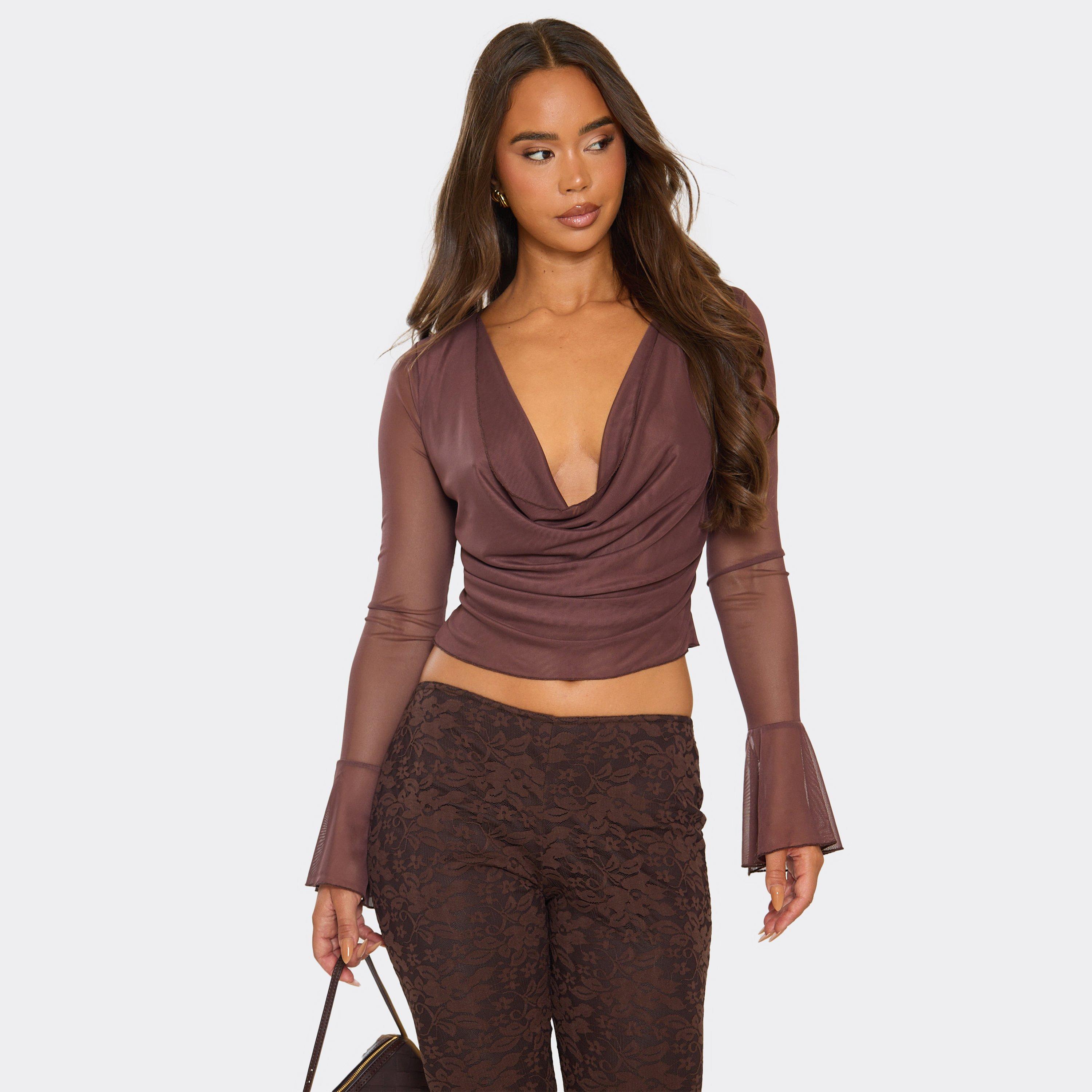 Long Flared Sleeve Cowl Neck Top In Chocolate Brown Mesh, Women's Size UK 6