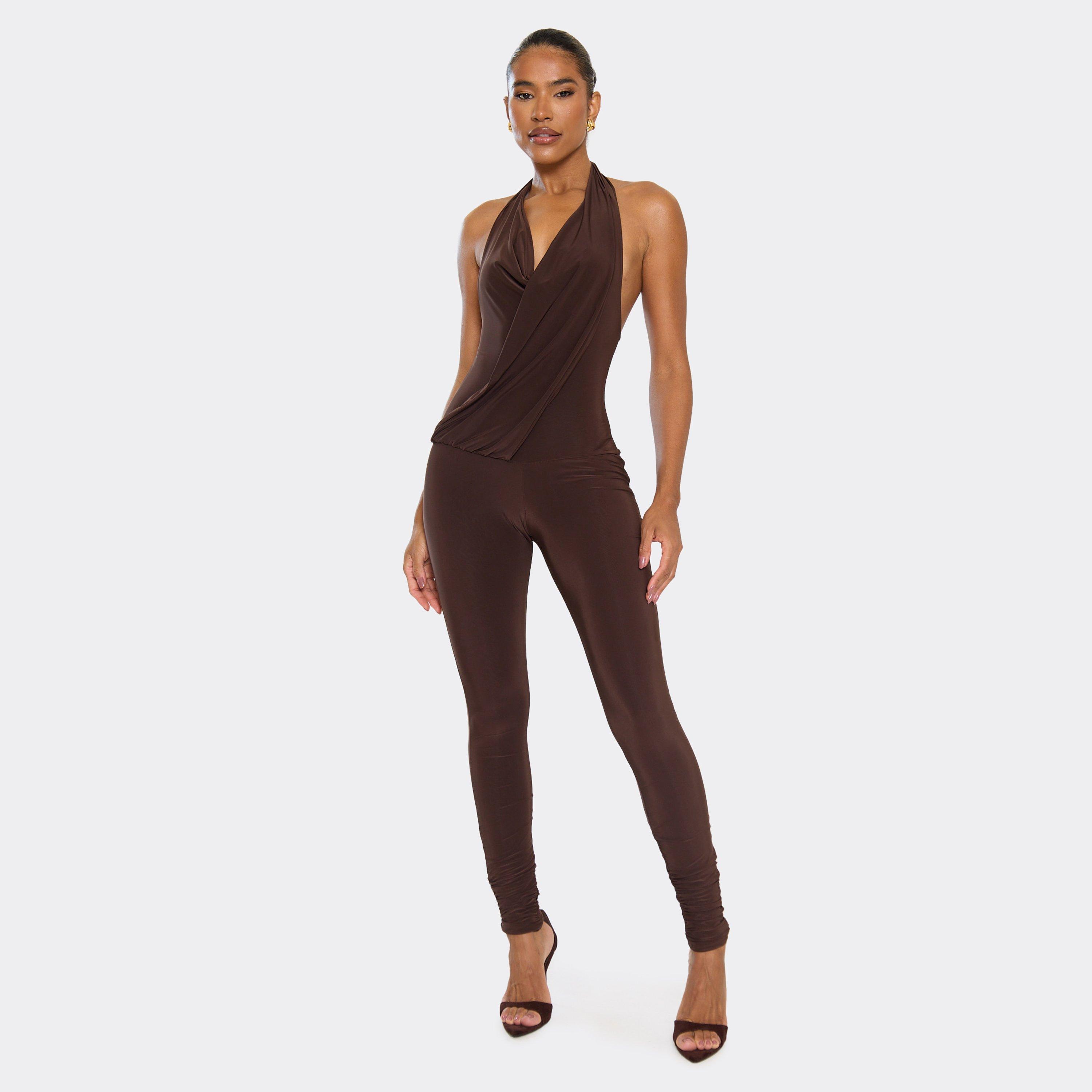 Image of Halterneck Drape Detail Jumpsuit In Brown Slinky, Women's