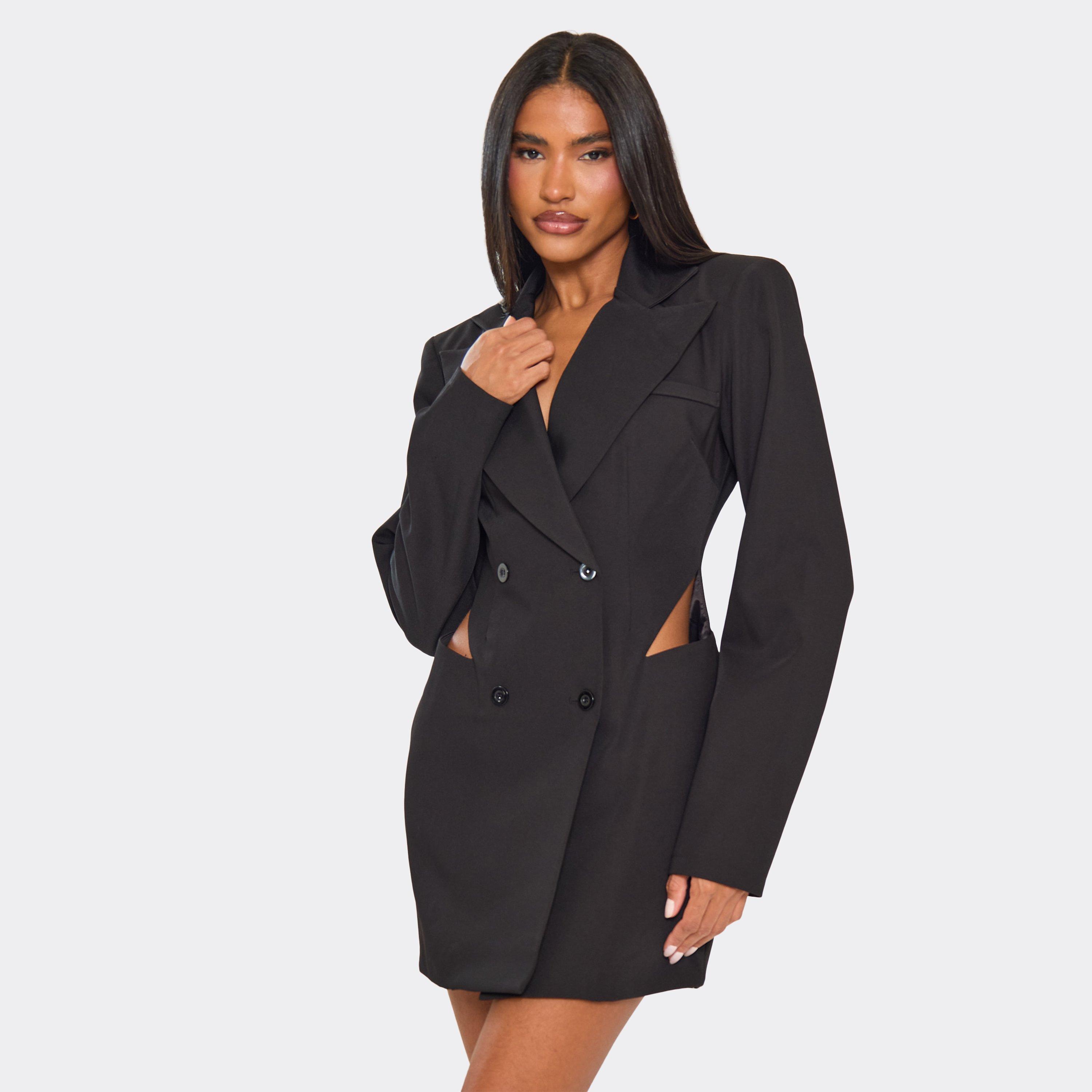 Long Sleeve Plunge Front Cut Out Side Detail Blazer Dress In Black, Women's Size UK 6