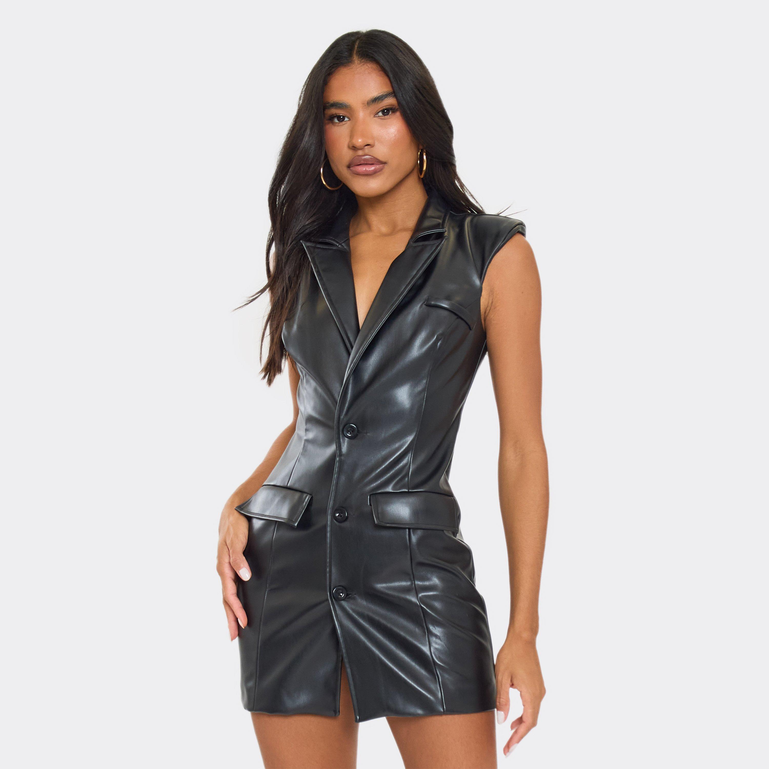 Plunge Neck Shoulder Pad Detail Blazer Dress In Black Faux Leather, Women's Size UK 8
