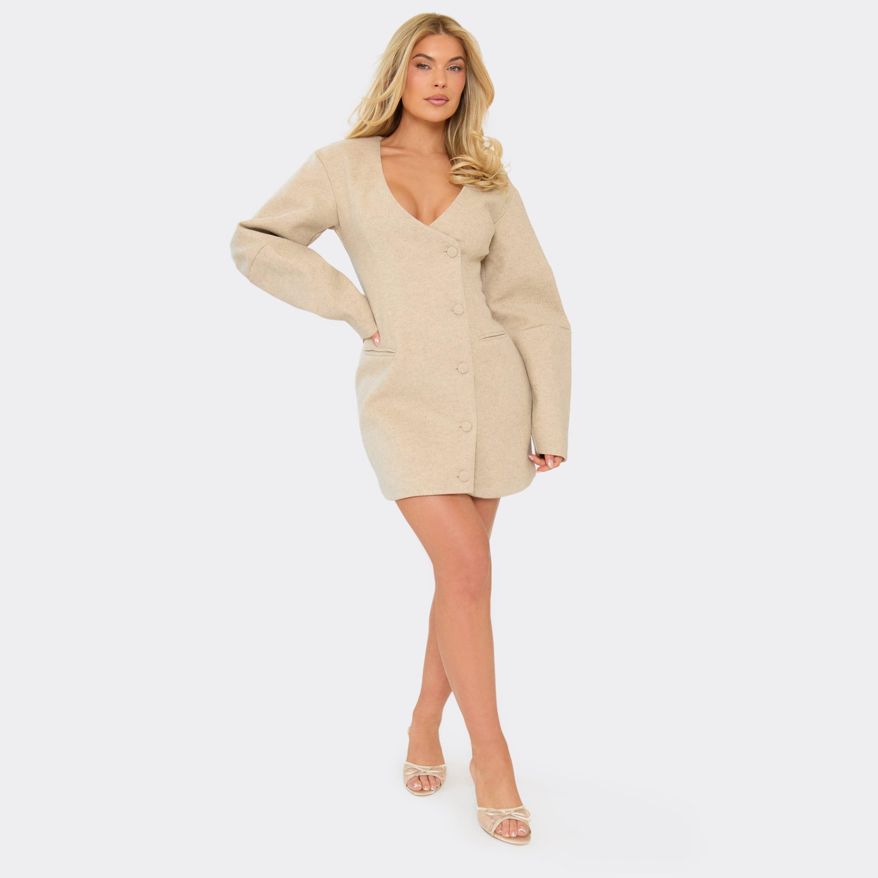 Balloon Sleeve Button Front Wool Look Blazer Dress In Beige, Women's Size UK 12