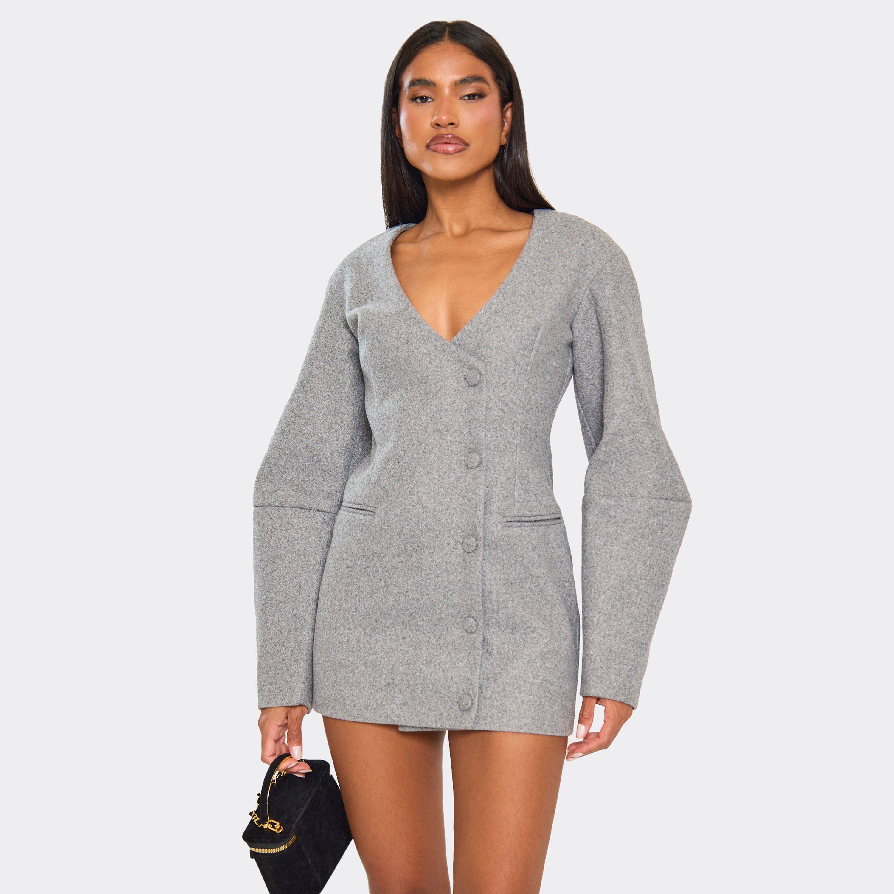 Balloon Sleeve Button Front Wool Look Blazer Dress In Grey, Women's Size UK 16