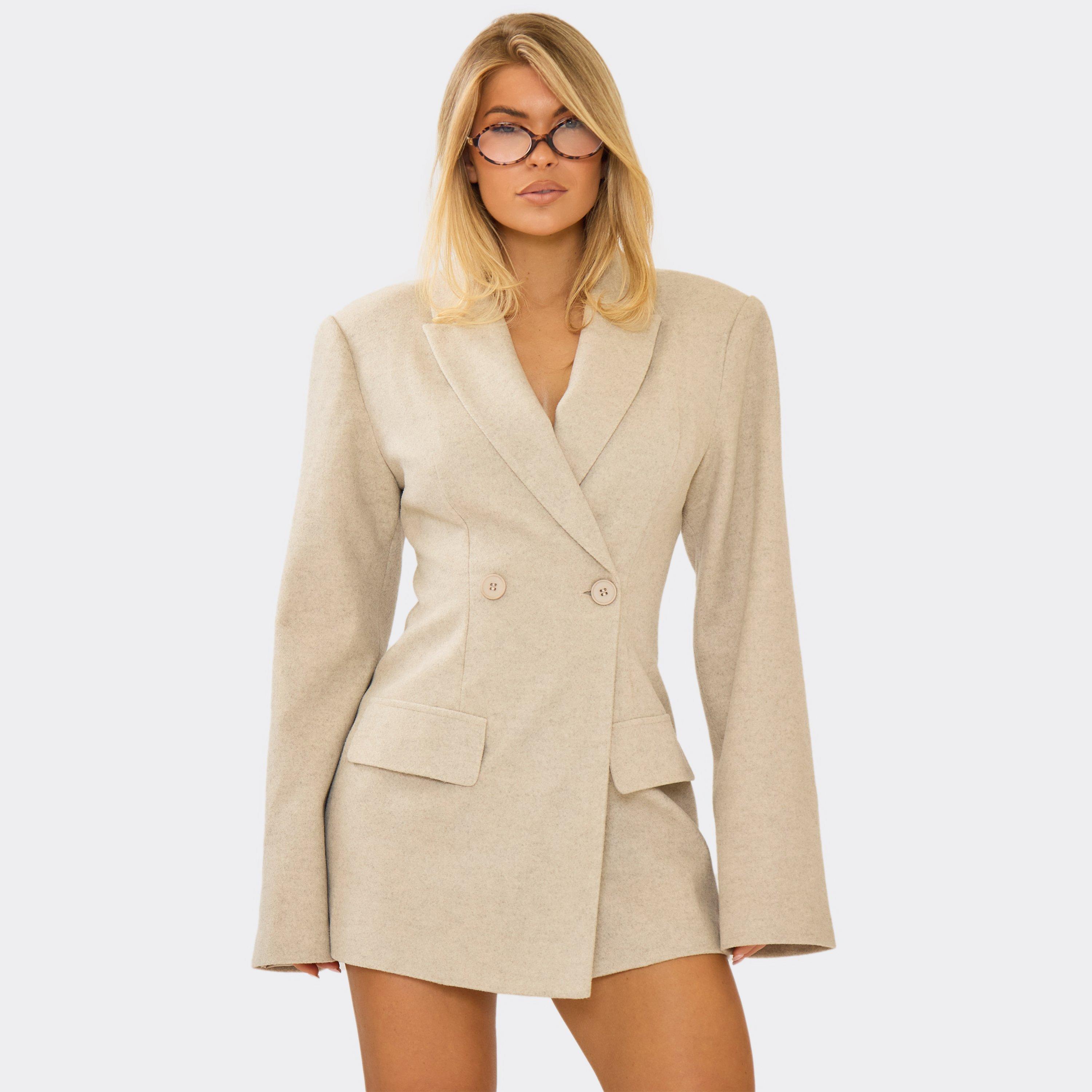Shoulder Pad Cinched Waist Wool Look Blazer Dress In Stone, Women's Size UK 12