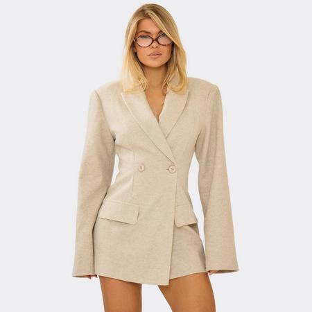 Shoulder Pad Cinched Waist Wool Look Blazer Dress In Stone, Women's Size US
