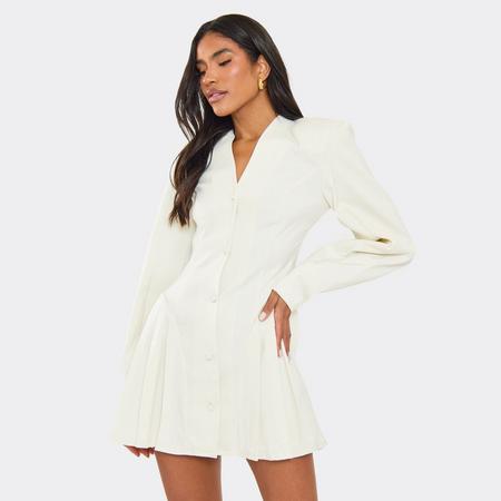 Long Balloon Sleeve Pleated Hem Detail Blazer Dress In Cream, Women's Size US