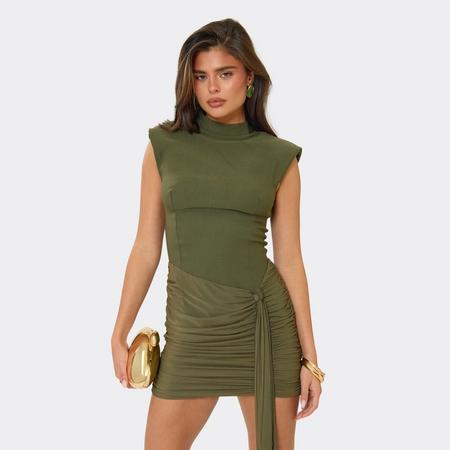 High Neck Drape Detail Structured Mini Dress In Khaki, Women's Size US