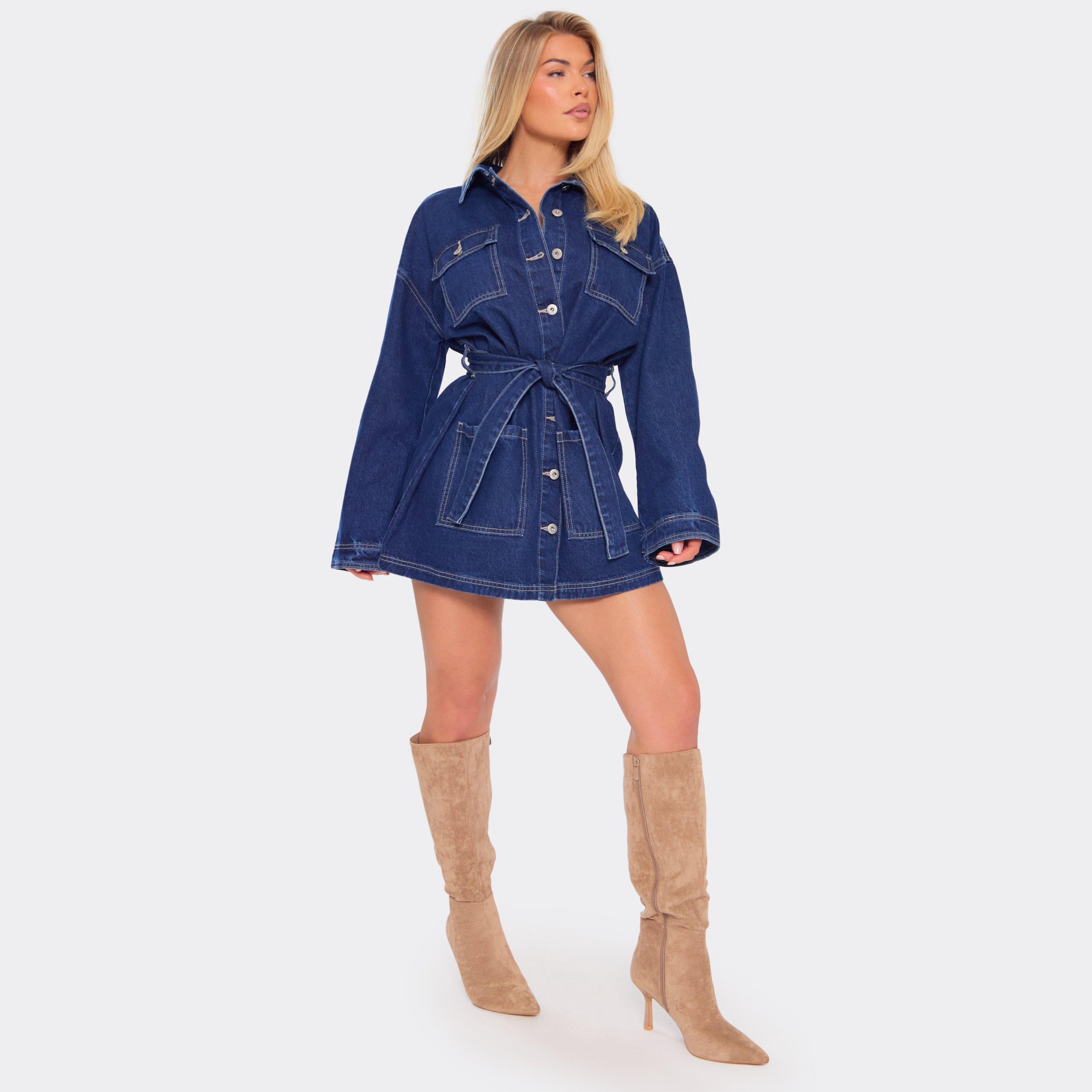 Long Sleeve Tie Waist Detail Jacket Dress In Mid Blue Denim, Women’s